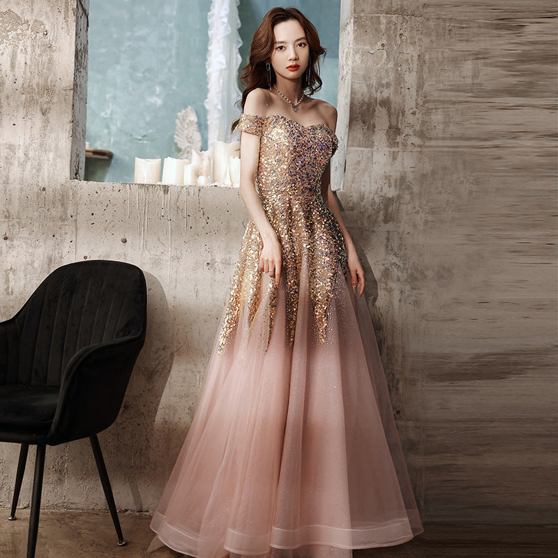 Elegant Off Shoulder A-Line Prom Dress with Sequins & Tulle for Evening Formal Events - Perfect for Homecoming, Wedding Guest & Special Occasions