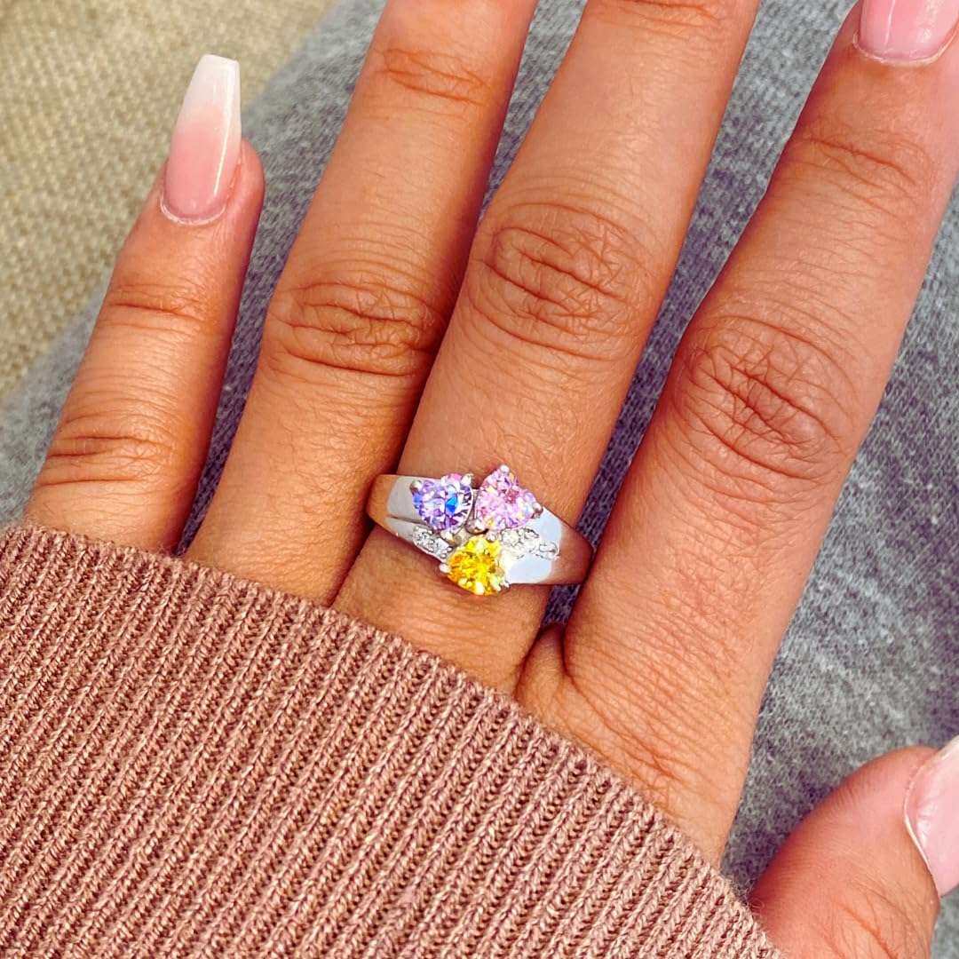 Custom Mothers Rings with 3 Birthstones & Engraved Names - Sterling Silver or 10K/14K White Gold - Personalized Jewelry Gift for Mom, Grandma, Wife - Sizes 5-12 - Perfect for Mother's Day, Birthday & Anniversary Celebrations