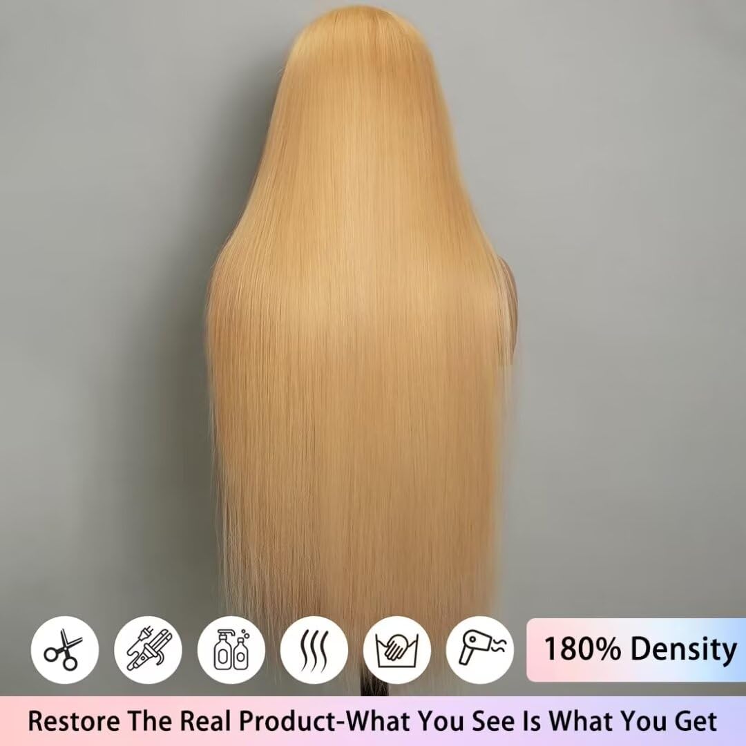 FTQZKEY 24 Inch Honey Blonde Straight Human Hair Wig with 13x4 HD Lace Front | 180 Density | 27# Colored | Natural Looking Blonde Wigs for Women | Perfect for Daily Wear, Cosplay, and Special Occasions