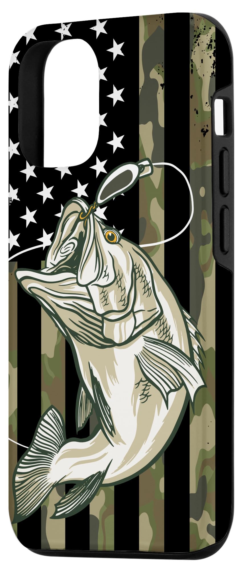 iPhone 12/12 Pro Camouflage Case - Patriotic US Flag Design with Bass Fish Pattern | Durable Protective Cover for Fishing Enthusiasts & Outdoor Adventures