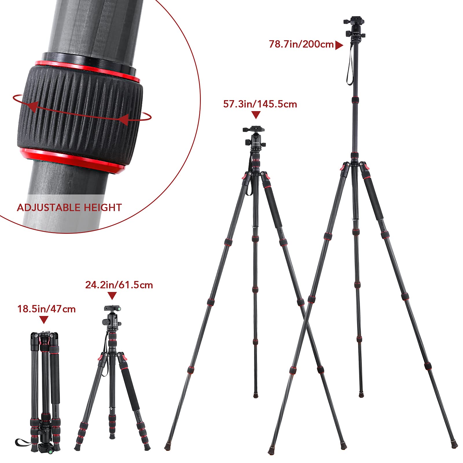 Professional Carbon Fiber DSLR Tripod HUIOP TTT-008 - 200cm/78.7in Adjustable Camera Stand with Quick Release Ball Head, 12KG Payload & Carry Bag - Perfect for Travel Photography, Vlogging, and Outdoor Shooting