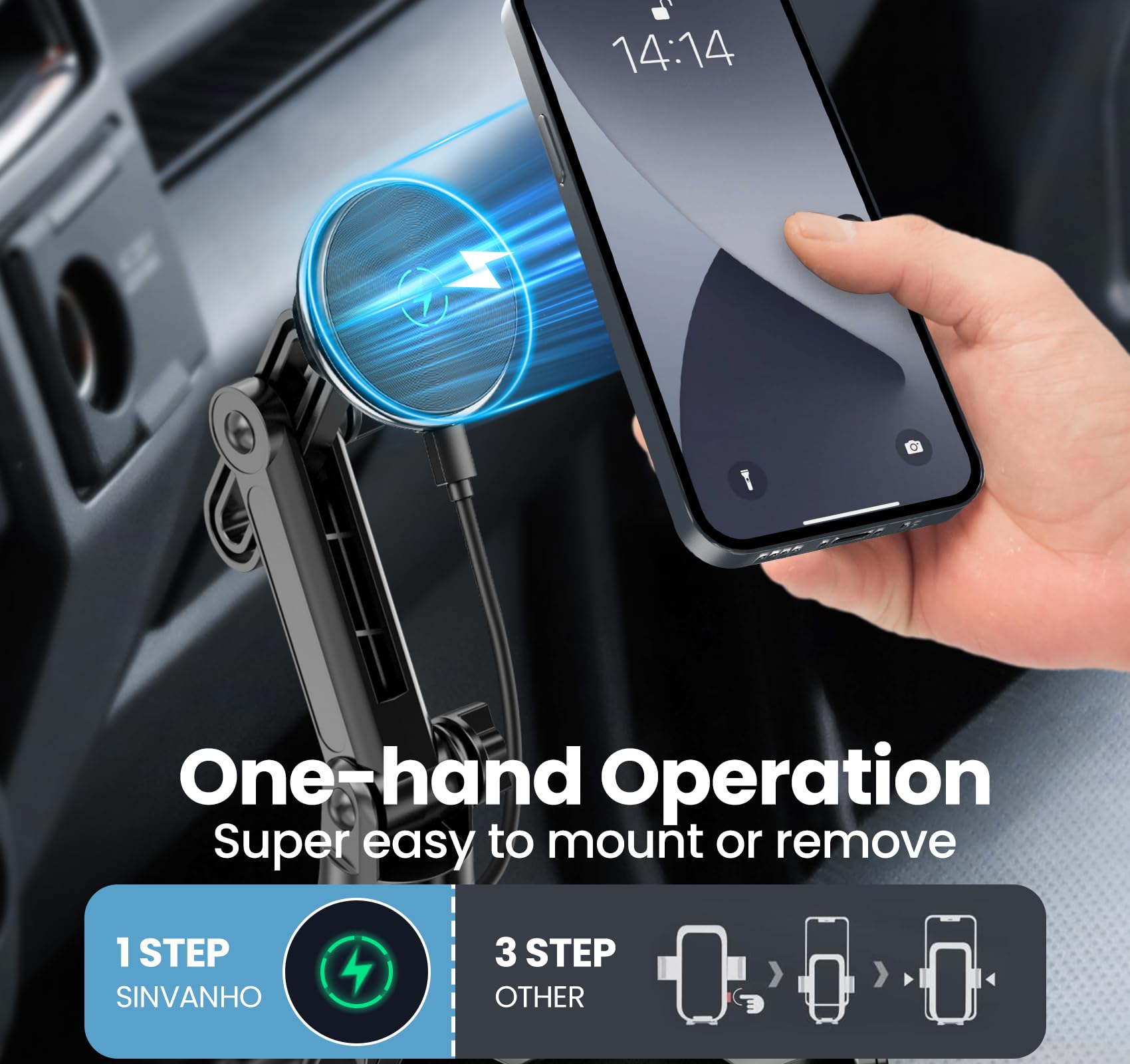 Magnetic Wireless Car Phone Holder for iPhone 16/15/14/13/12 Series - 15W Fast Charging Magsafe Cup Mount with Expandable Base - Perfect for Commuting, Road Trips & Hands-Free Driving