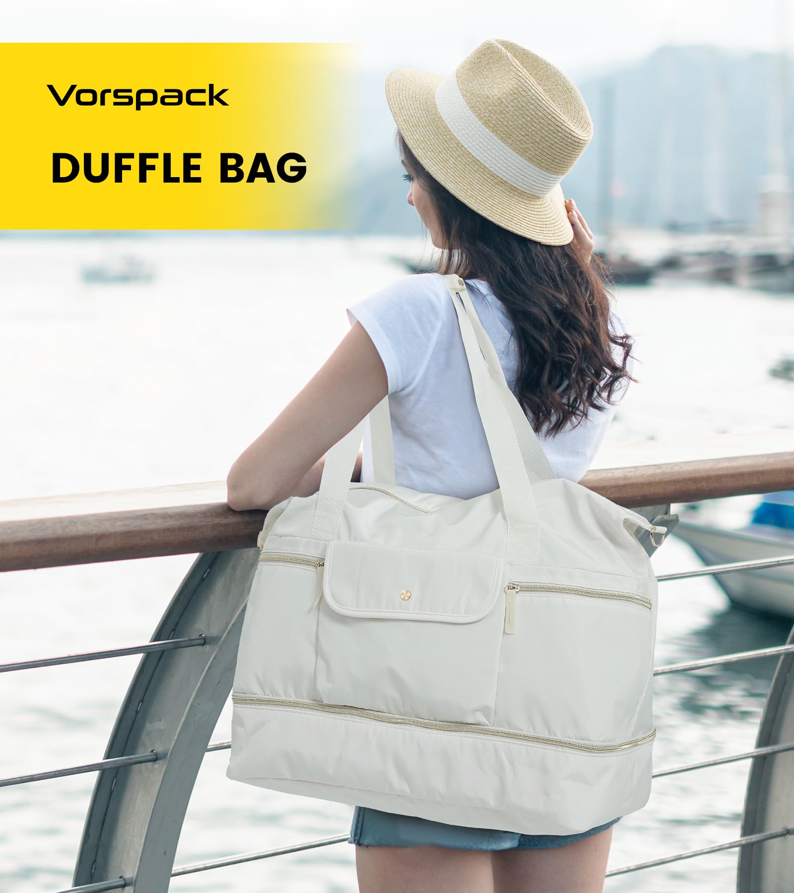 Vorspack Duffle Bag for Travel & Gym - Water-Resistant Duffel Bag with Shoe Compartment & Toiletry Pouch for Men & Women | Perfect for Weekender, Sports, Yoga, Business Trips & Outdoor Adventures - Beige