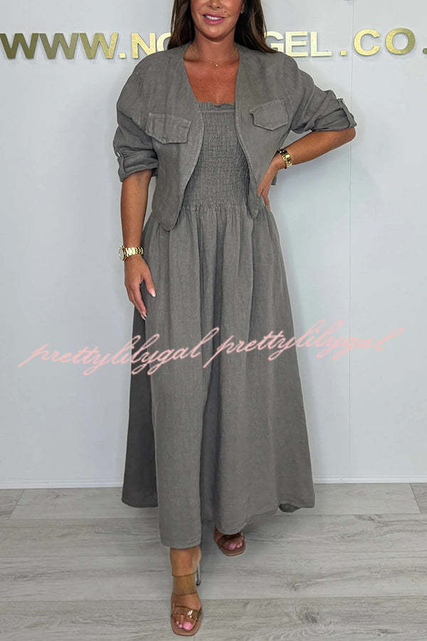 Stylish Solid Color Casual Short Jacket with Suspenders & Pleated Maxi Dress Set for Women | Perfect for Spring Outfits, Date Nights & Office Wear