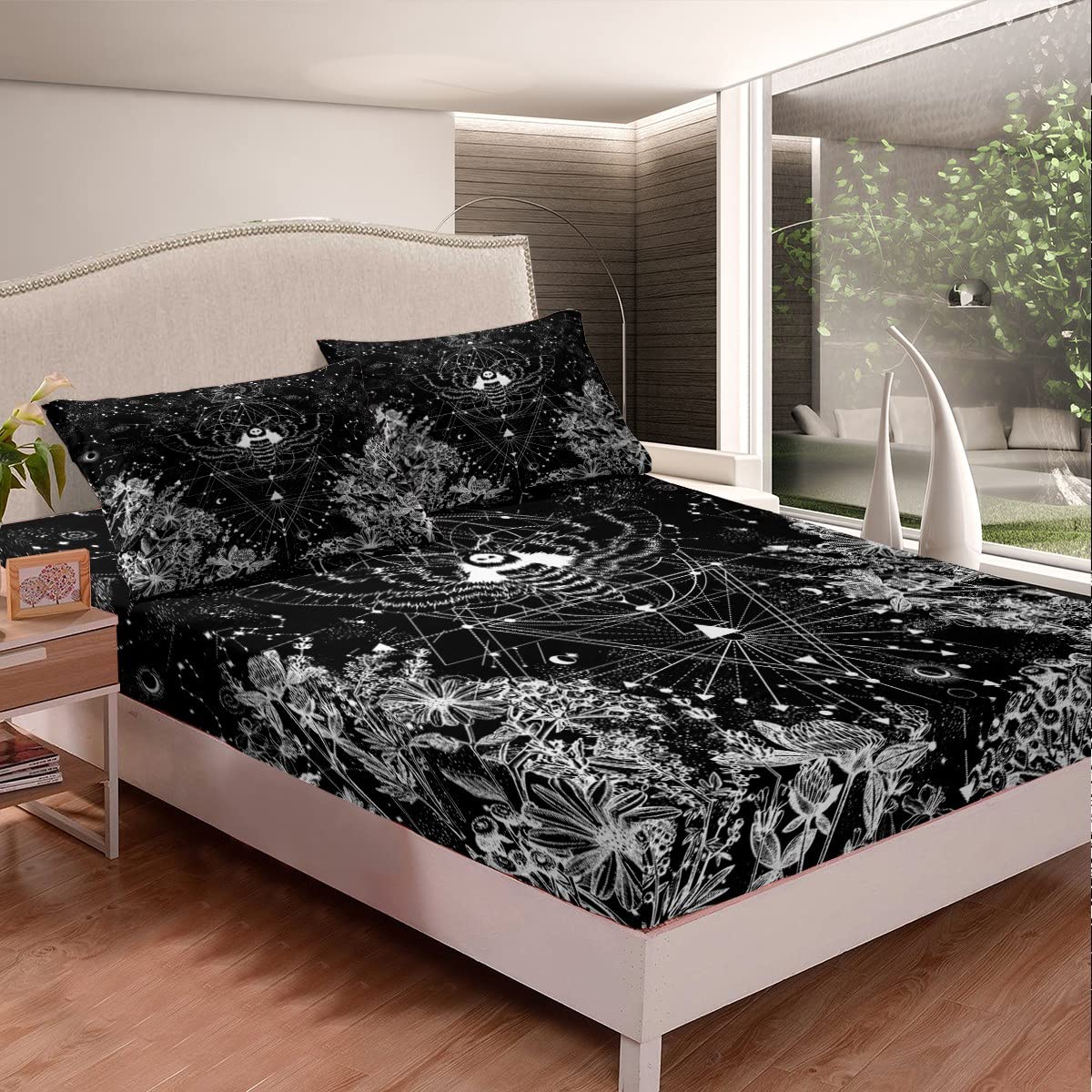 Celestial Death Moth Twin Sheet Set - Glitter Star Bohemian Bedding with Nebula Print | 3-Piece Hippie Style Fitted & Flat Sheets in Black & White | Perfect for Boho Bedroom Decor & Teen Girl's Dorm Room