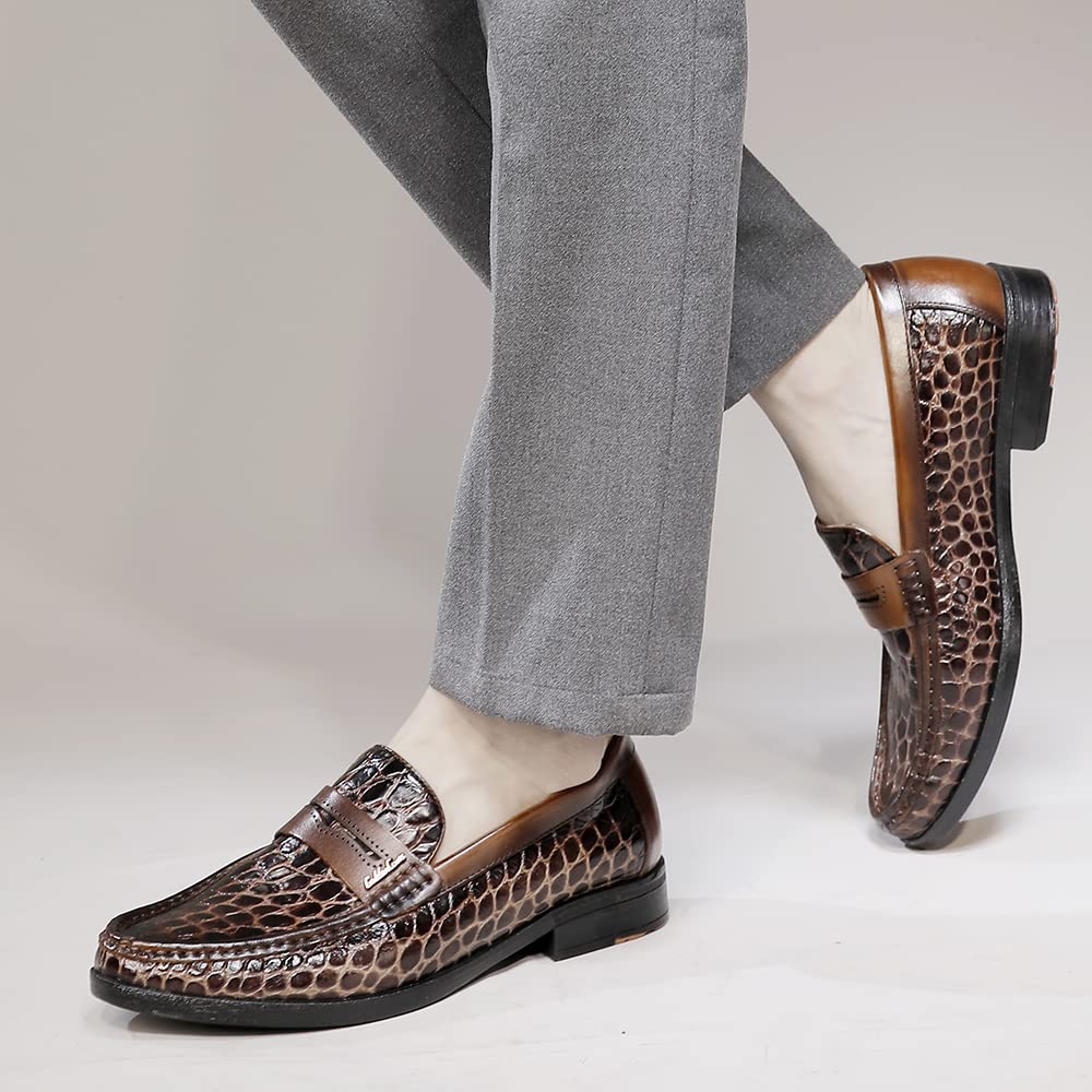 Premium Men's Leather Penny Loafers - Formal Dress Shoes with Crocodile Print | Soft Slip-On Comfort | Ideal for Business, Office & Wedding Occasions