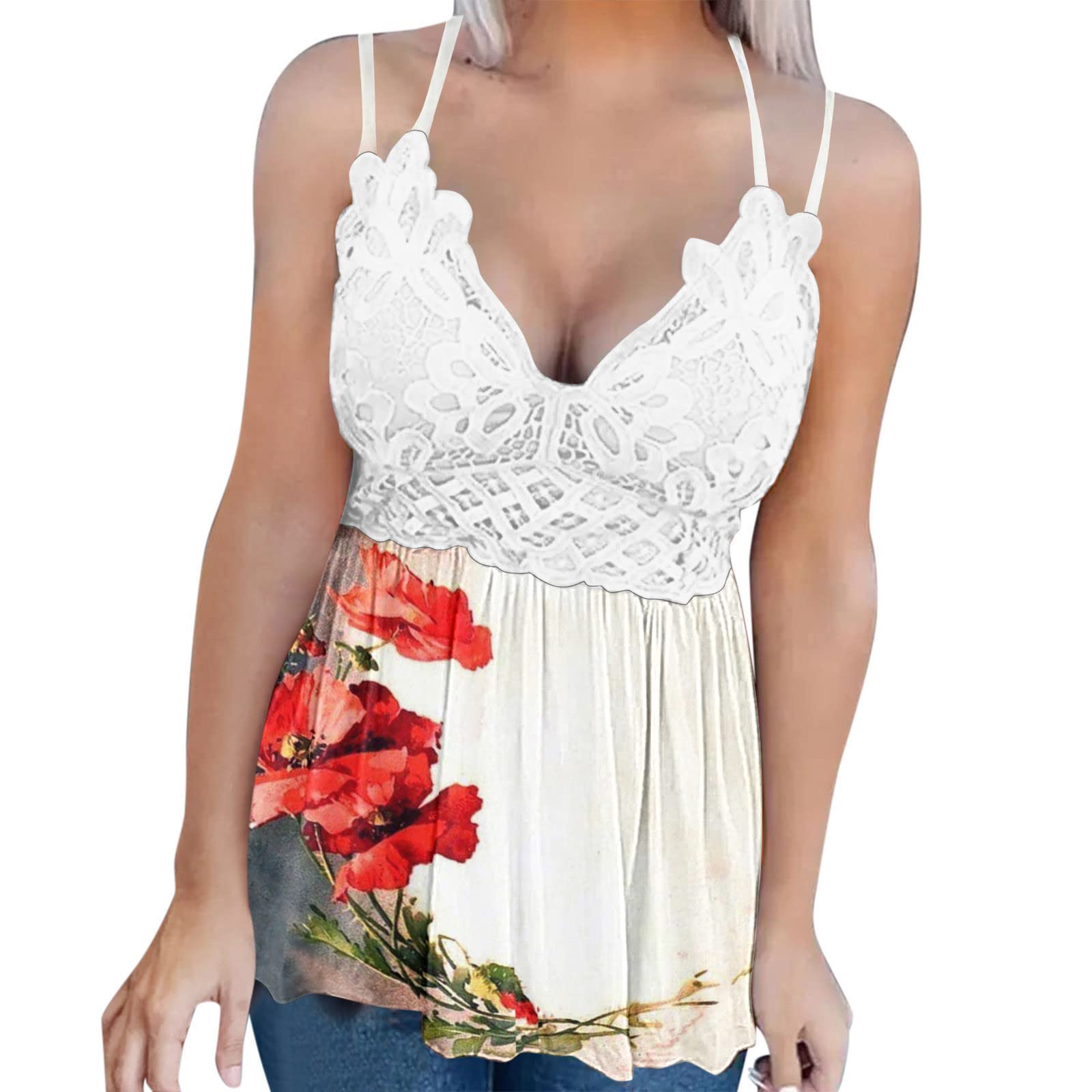 Women's Loose Fit Lace Deep V-Neck Chiffon Cami Cropped Tank Top - Breathable Summer Sleeveless Blouse for Casual Wear, Beach Outfits & Layering