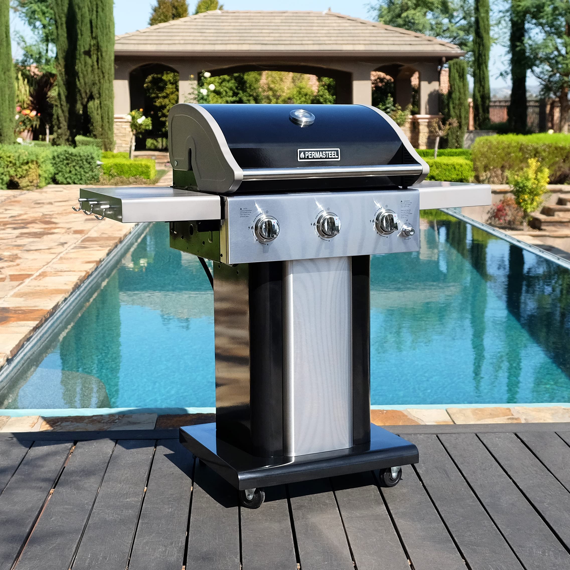 Permasteel 3-Burner Propane Gas Grill - 30,000 BTU Outdoor BBQ Grill with Cast Iron Grates, Foldable Side Shelves & Tool Hooks - Perfect for Backyard, Patio, and Camping Cooking - Black