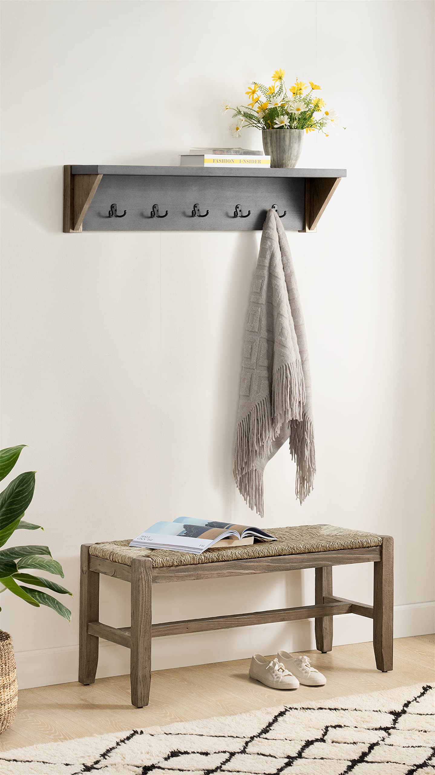 Newport 40-Inch Entryway Coat Rack with Shelf and Bench Set - Light Amber Wood & Faux Concrete Finish - 5 Black Double Hooks - Hallway Organizer for Coats, Hats & Bags - Perfect for Mudroom, Foyer or Bedroom Decor (Coat Hook: 40
