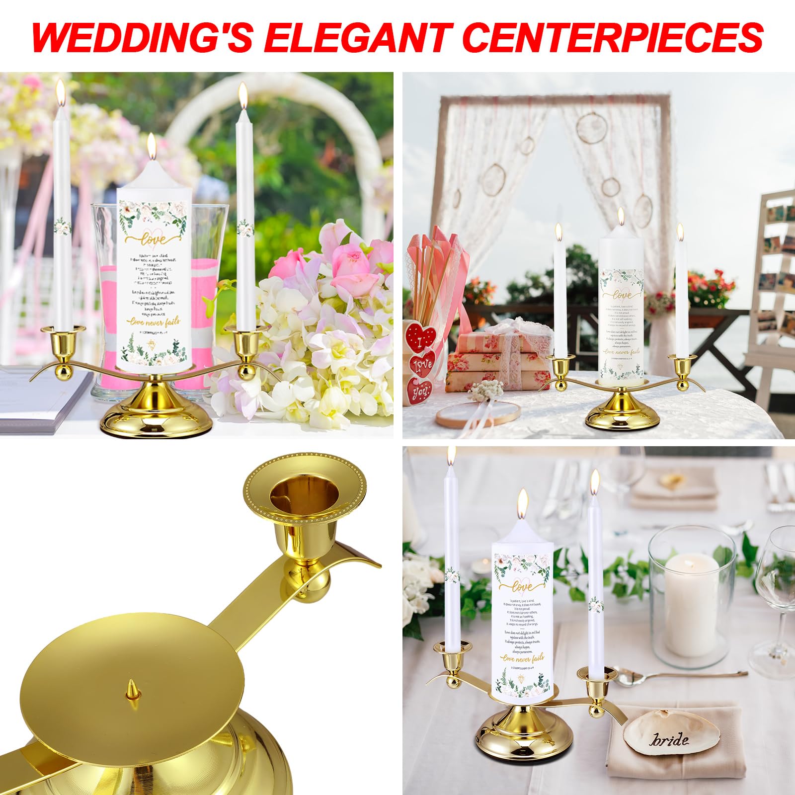 Landhoow Floral Wedding Candles Set - Golden Holder, White Pillar & Taper Candles for Catholic Ceremonies & Anniversaries