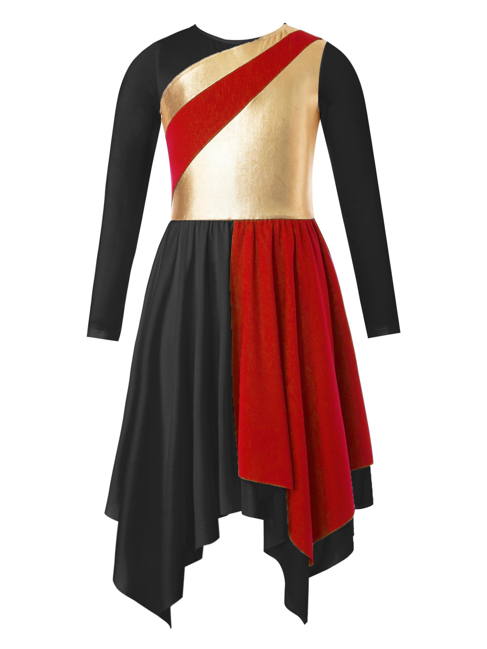 Long Sleeve Praise Dance Dress for Girls - Metallic Liturgical Worship Costume with Asymmetrical Design - Church Choir Robe & Tunic for Performances, Worship Services & Special Events