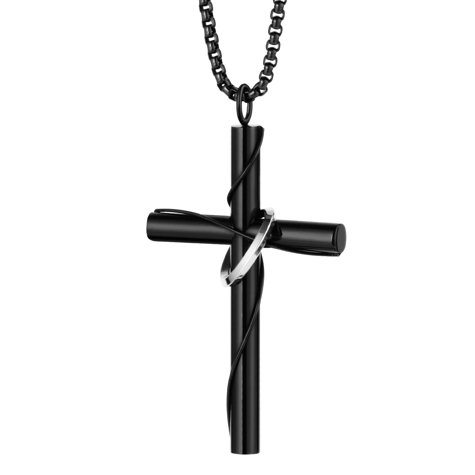 Stainless Steel Cross Pendant for Car Rear View Mirror - Christian Religious Charm Decor, Men's Necklace & Amulet Gift (Black) | Perfect for Car Accessories, Spiritual Protection & Faith-Based Gifts