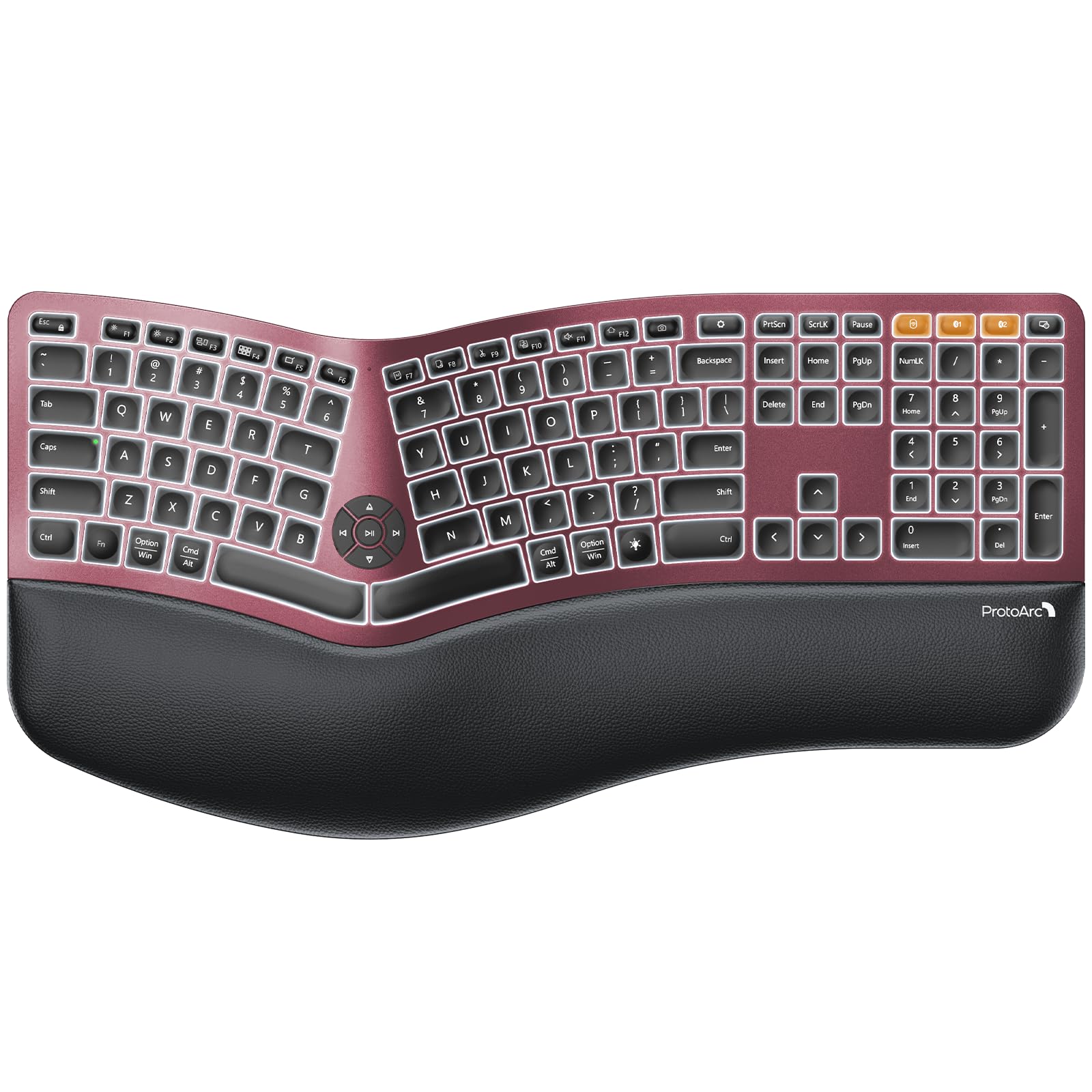 ProtoArc EK01 Plus Wireless Ergonomic Split Keyboard - Backlit Bluetooth Keyboard with Dual Connectivity (Bluetooth/USB), Rechargeable Battery, Cushioned Wrist Rest - Compatible with Windows & Mac (Wine Red) - Perfect for Office Work, Gaming & Long Typing Sessions
