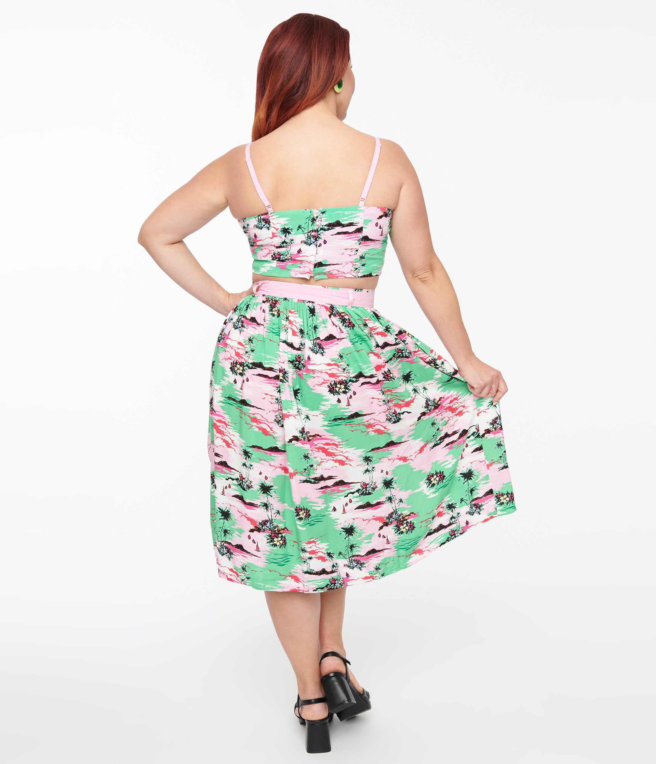Hell Bunny Pink & Green Tropical Print Midi Skirt - Vintage Floral Swing Skirt for Women, Perfect for Summer Beach Vacations & Boho Style Outfits