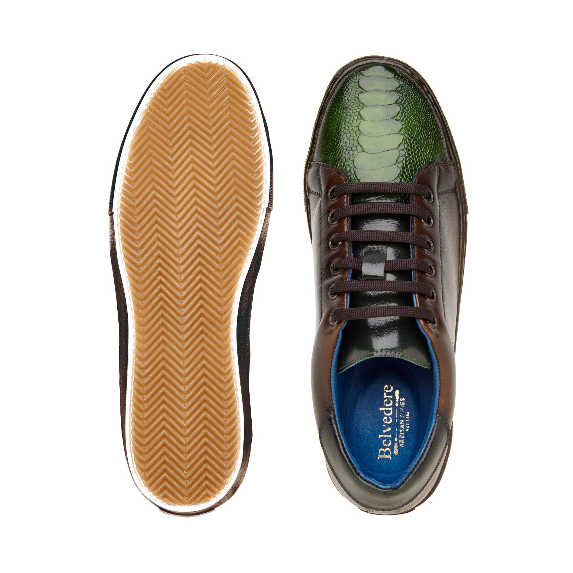 Belvedere Genuine Ostrich Leather & Italian Calfskin Sneakers - Chocolate Brown/Forest Green Y31 - Premium Comfort Shoes for Men | Perfect for Casual Wear, Office & Outdoor Activities