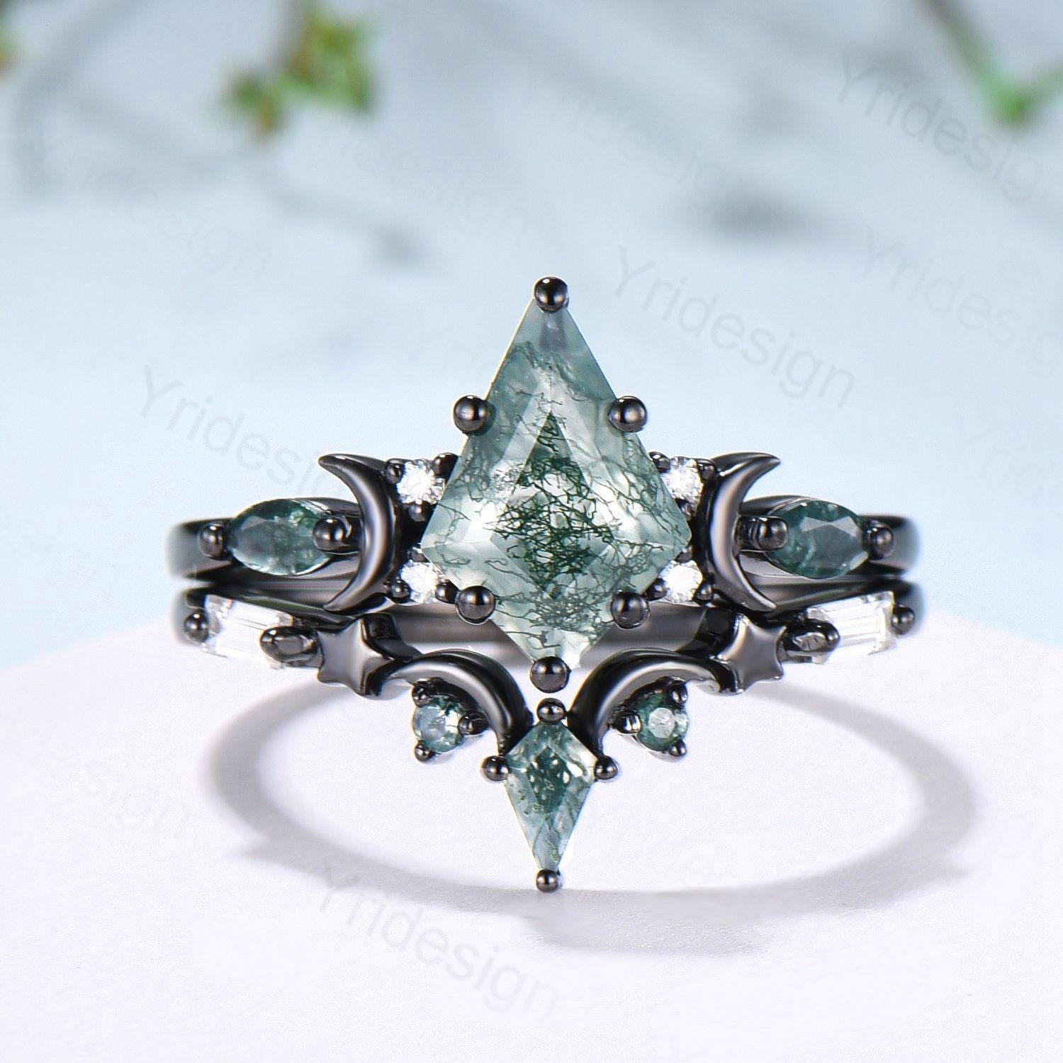 Black Gold Kite Cut Moss Agate Ring - Unique Crescent Moon Star Engagement Ring, Art Deco Bridal Wedding Set, Handmade Anniversary Gift for Women - Perfect for Proposals, Weddings & Romantic Occasions