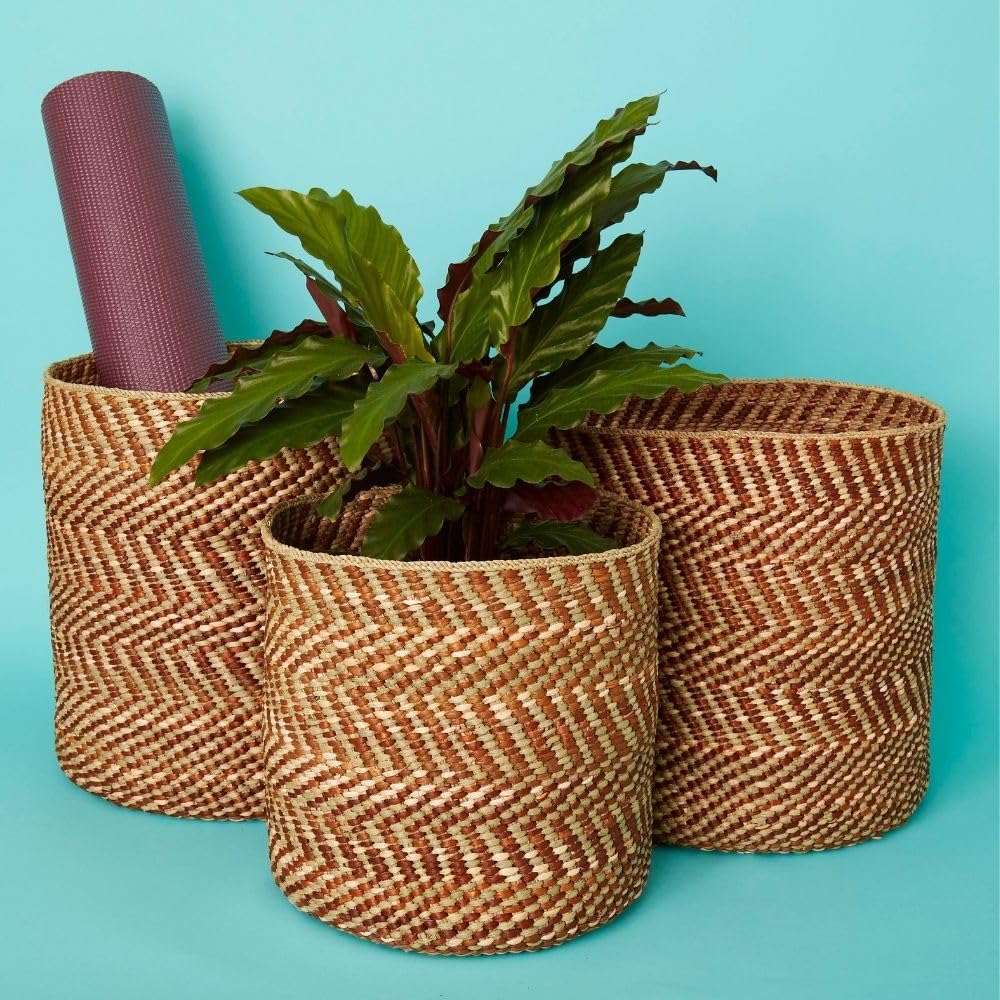 Brown Iringa Woven Storage Basket Set - Indoor Planter & Toy Organizer for Home Decor, Nursery, and Playroom Organization