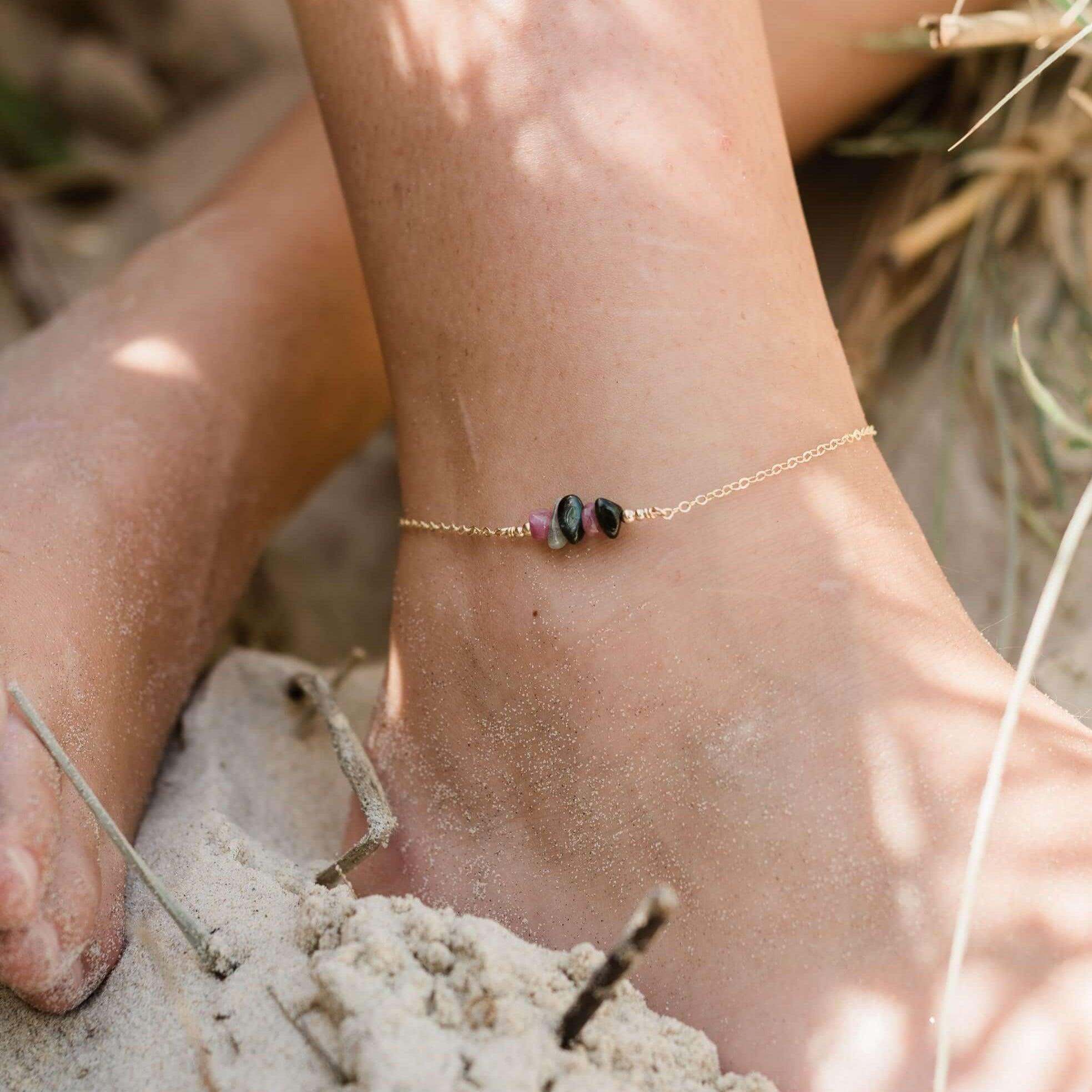 Natural Tourmaline Chip Bead Bar Anklet Bracelet for Women - Adjustable Healing Crystal Jewelry for Yoga, Meditation & Positive Energy
