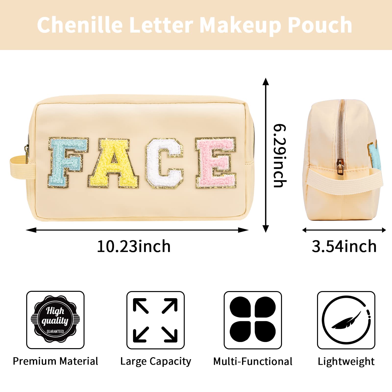 Stylish Preppy Chenille Letter Makeup Bag for Women & Girls - Nylon Travel Cosmetic Pouch with Zipper - Perfect for Toiletries, Cosmetics & Travel Essentials (Beige, Face Design) | Ideal for Daily Use, Weekend Getaways & Vacation Organization