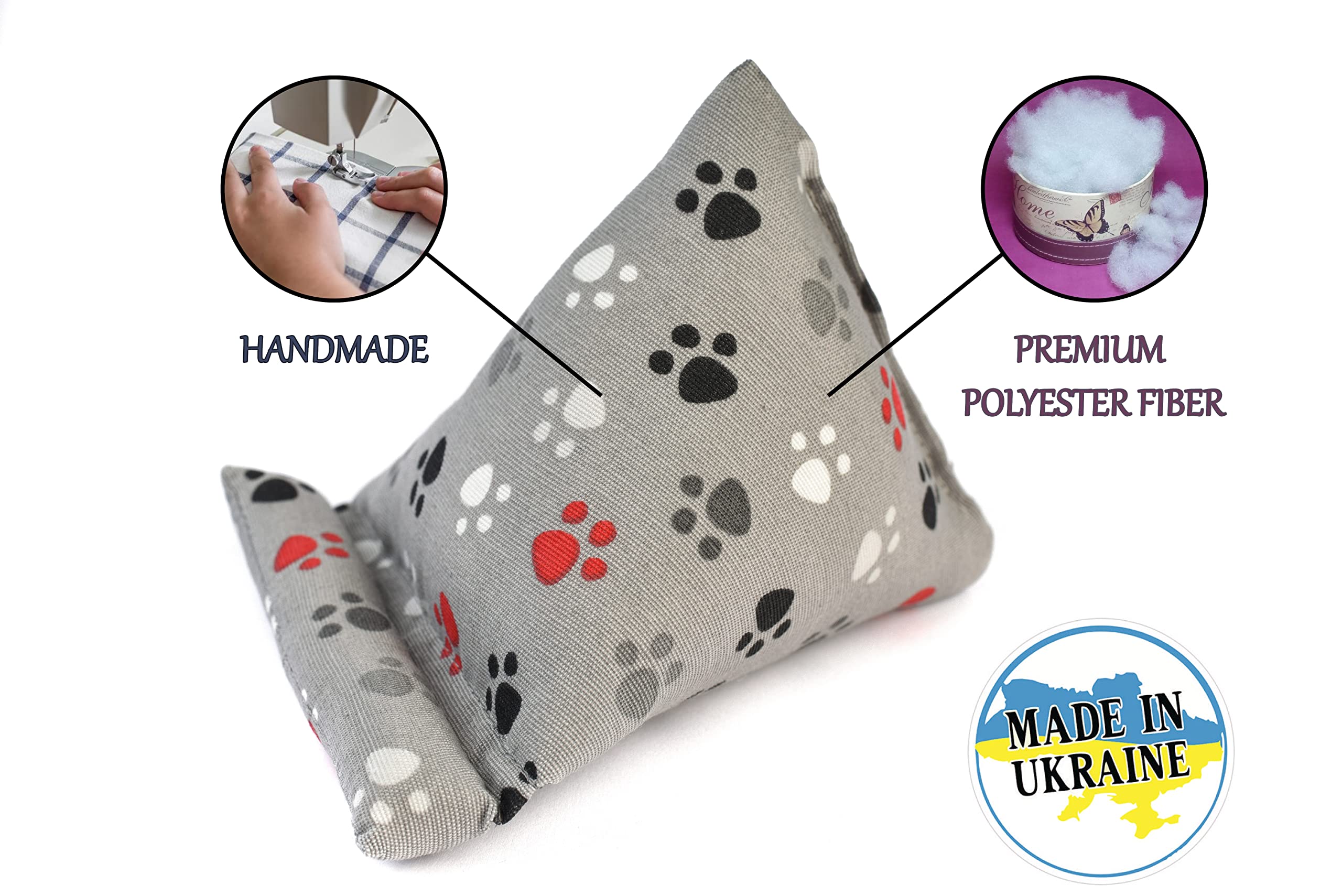 Handmade Fabric Phone Pillow Stand for iPhone & Smartphones - The Wedge Mobile Device Holder (7x6.1x5.5 Inches, Paws Design) - Perfect for Bed, Sofa, Desk & Travel Use