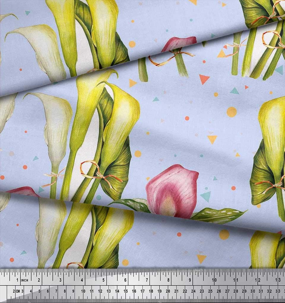 Soimoi Blue Polyester Crepe Fabric by The Yard - 42 Inch Wide - Triangle Leaves & Lily Flower Dream Print - Modern Pattern Fabric for Dresses, Blouses, Curtains & Home Decor