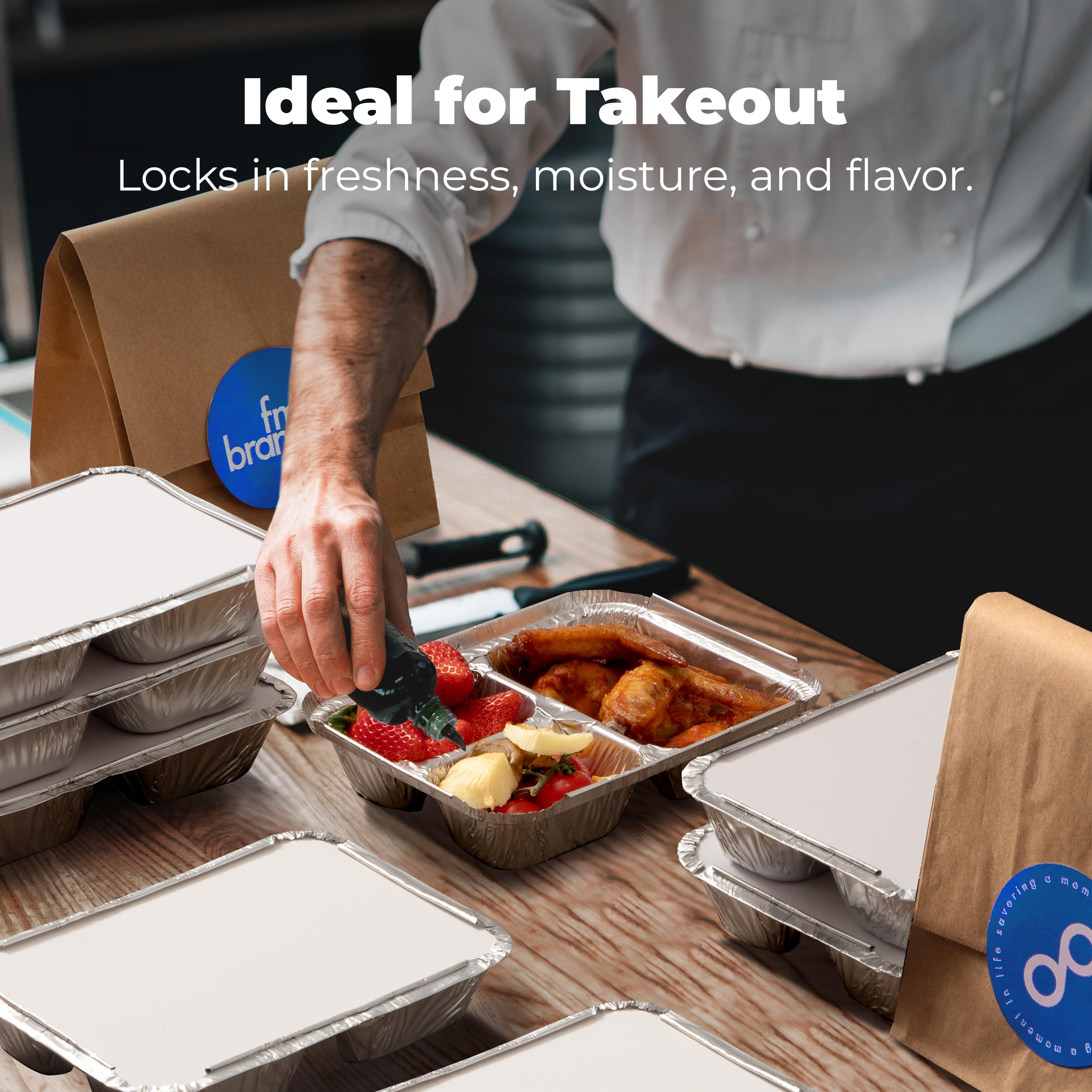 250-Pack Disposable Aluminum Foil Food Containers with Lids - 3 Compartment 8.5x6.5x1.5 Inch Rectangular Meal Prep Pans - Freezer, Oven & Microwave Safe for Takeout, Leftovers & Party Food Storage