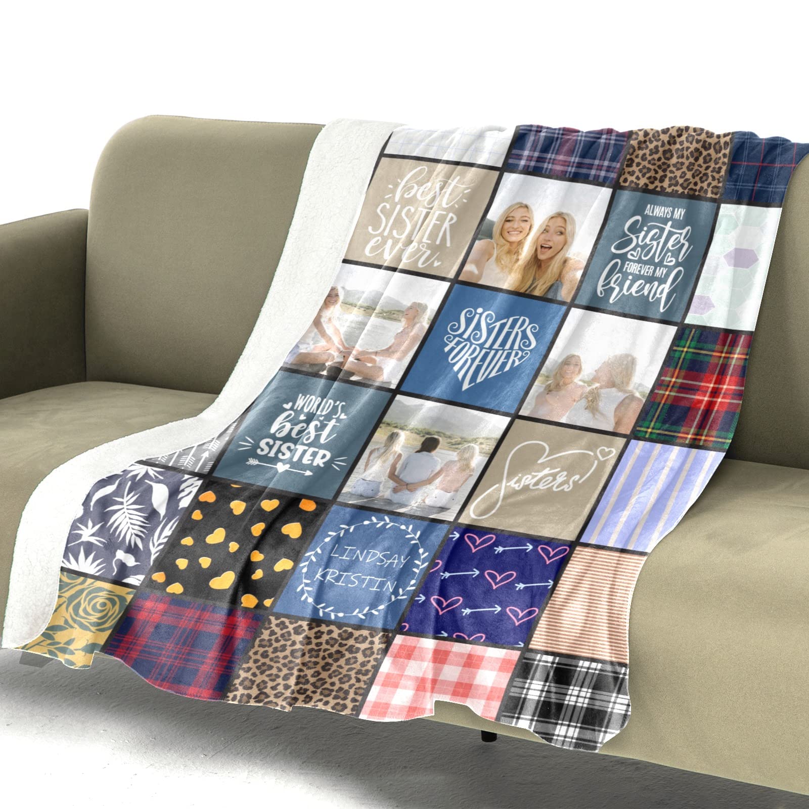 Custom Sister Photo Blanket with Name - Personalized Sherpa Fleece Blanket (50x60 inches) - Heartwarming Birthday Gift for Sister, Best Friend & Family - Perfect for Christmas, Anniversaries & Cozy Nights