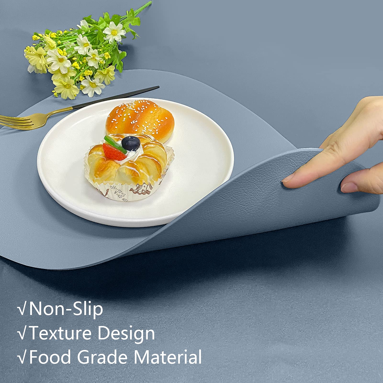 Premium Faux Leather Placemats Set of 6 - Heat Resistant, Wipeable & Washable Dining Table Mats for Kitchen, Round Table, Patio - Easy Clean Blue Placemats for Everyday Use & Dinner Parties