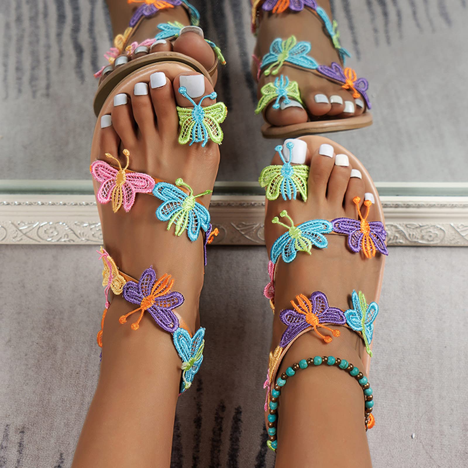 Women's Bohemian Summer Flat Sandals - Elegant Butterfly Flip Flops for Beach, Vacation & Casual Outfits | Cute Slip-On Dressy Sandals for Women | Perfect for Boho Style, Seaside Walks & Summer Parties