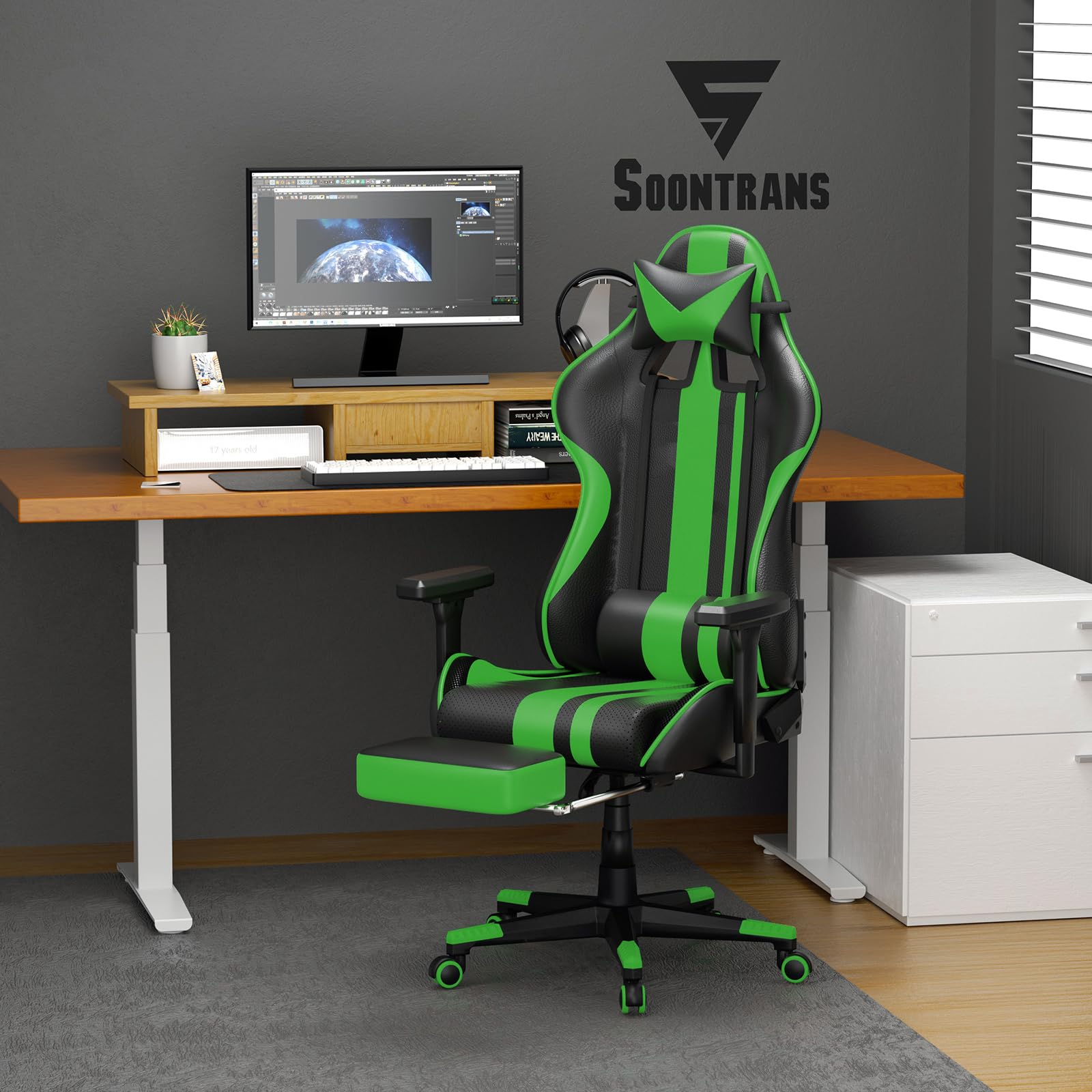 Soontrans Green Ergonomic Gaming Chair with Footrest - PU Leather Office Computer Chair with Adjustable Lumbar Support & Headrest for Adults - Perfect for Home Gaming Setup, Work from Home & Office Workspace