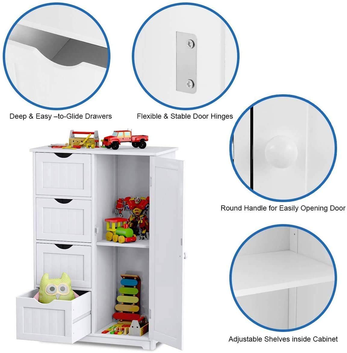 Solid Wood Storage Cabinet with 4 Drawers & 1 Cupboard - Freestanding Bathroom Floor Cabinet for Entryway, Home Office, Kitchen & Living Room - Perfect for Organizing Towels, Toiletries & Home Essentials (22