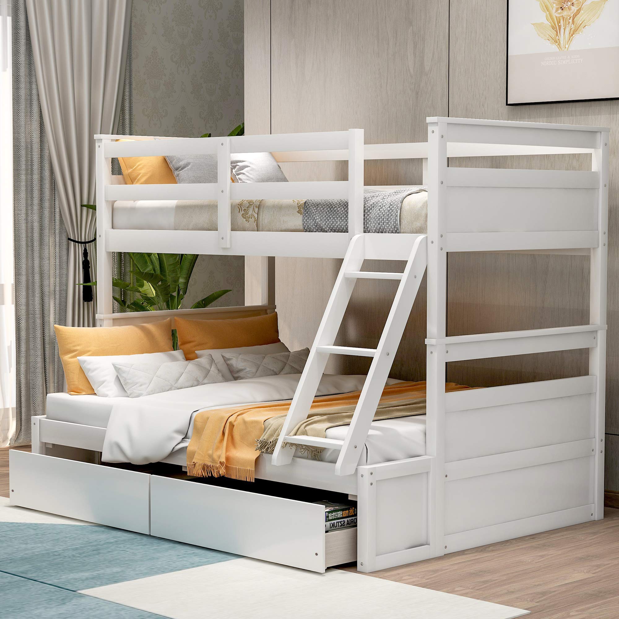 Twin Over Full Bunk Bed with Storage - Solid Wood Frame - Safety Guardrail & Ladder - Convertible to 2 Beds - Perfect for Kids & Teens Rooms