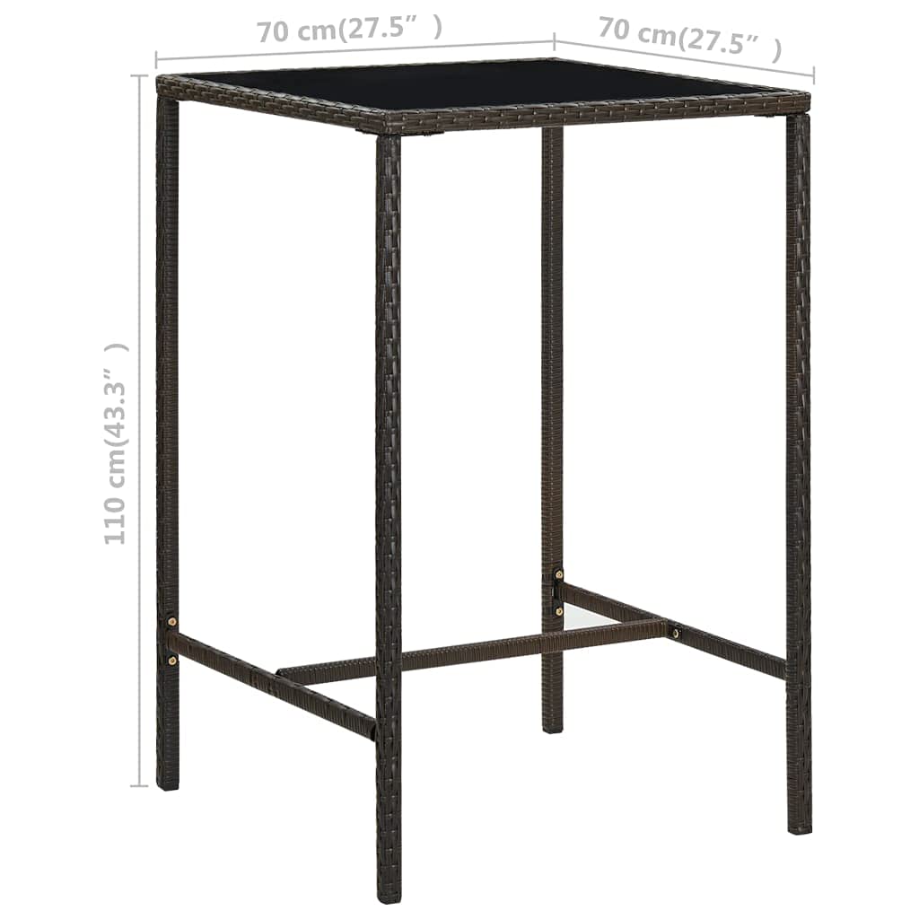 Outdoor Square Bar Height Table - 27.6x27.6x43.3 Inch Brown Poly Rattan & Glass Top - Perfect for Patio, Deck, Garden, Backyard, Terrace or Camping - Ideal for Outdoor Dining, Entertaining & Relaxing