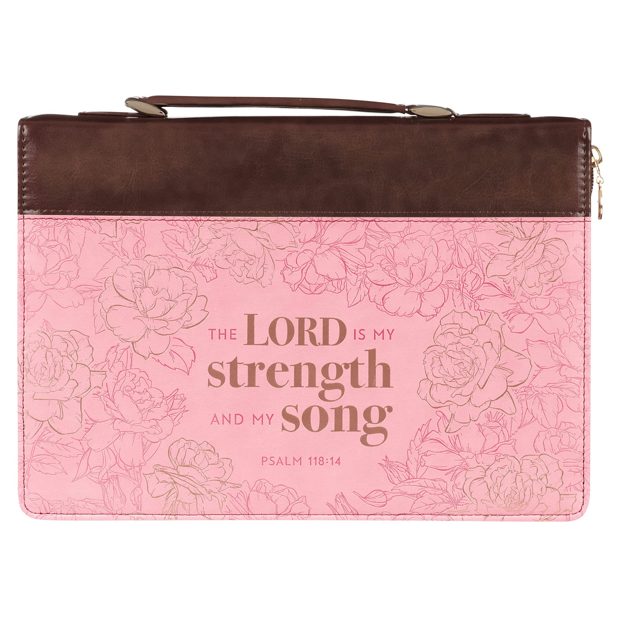 Christian Bible Cover - Faux Leather Pink Large - Psalm 118:14 Rose Design for Women