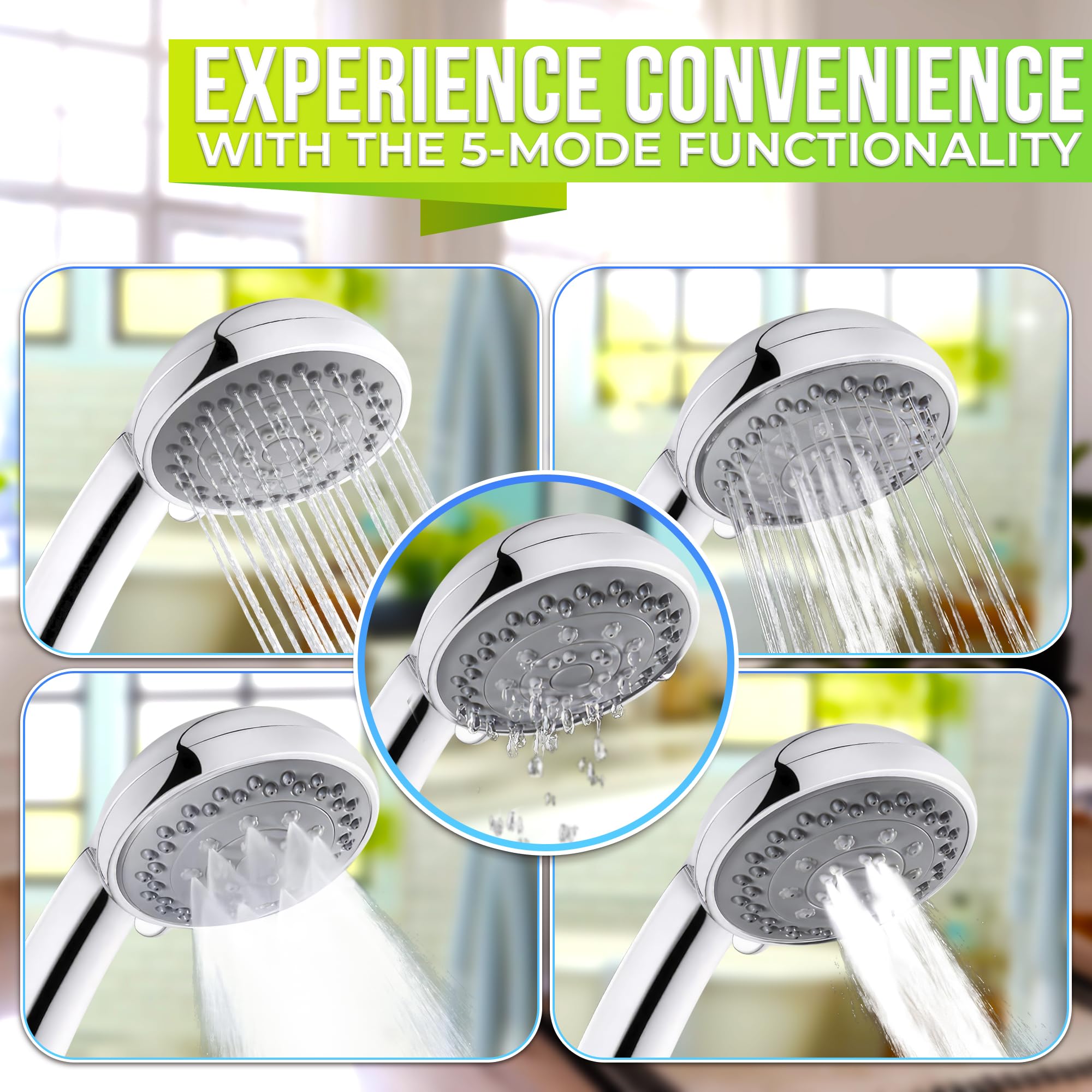 5-Mode Handheld Shower Head with 4.9 Ft Hose - 3.64 Inch Detachable Shower Wand with Sprayer Attachment - Water Saving Showerhead for Bathroom, Spa & Pet Washing