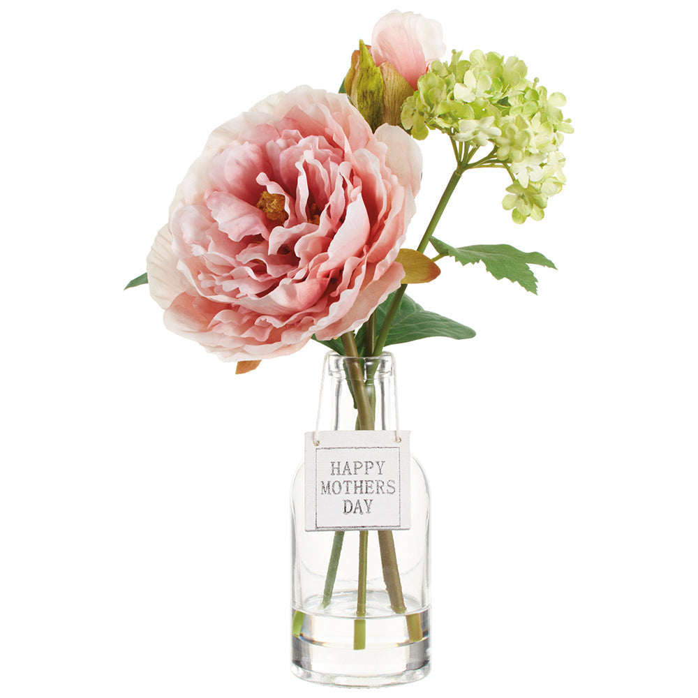 11 Peony & Snowball Silk Flower Bouquet with Glass Vase - Pink & Green Floral Centerpiece (Pack of 6) | Perfect for Home Decor, Wedding Centerpieces, Table Arrangements & Gift Giving