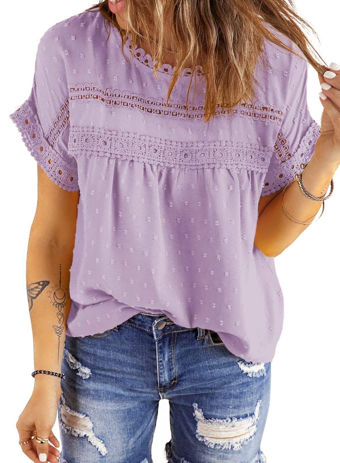 Dokotoo Women's Summer Tops - Lace Crochet Short Sleeve Crewneck Shirt, Casual Chiffon Blouse for Beach, Vacation & Everyday Wear