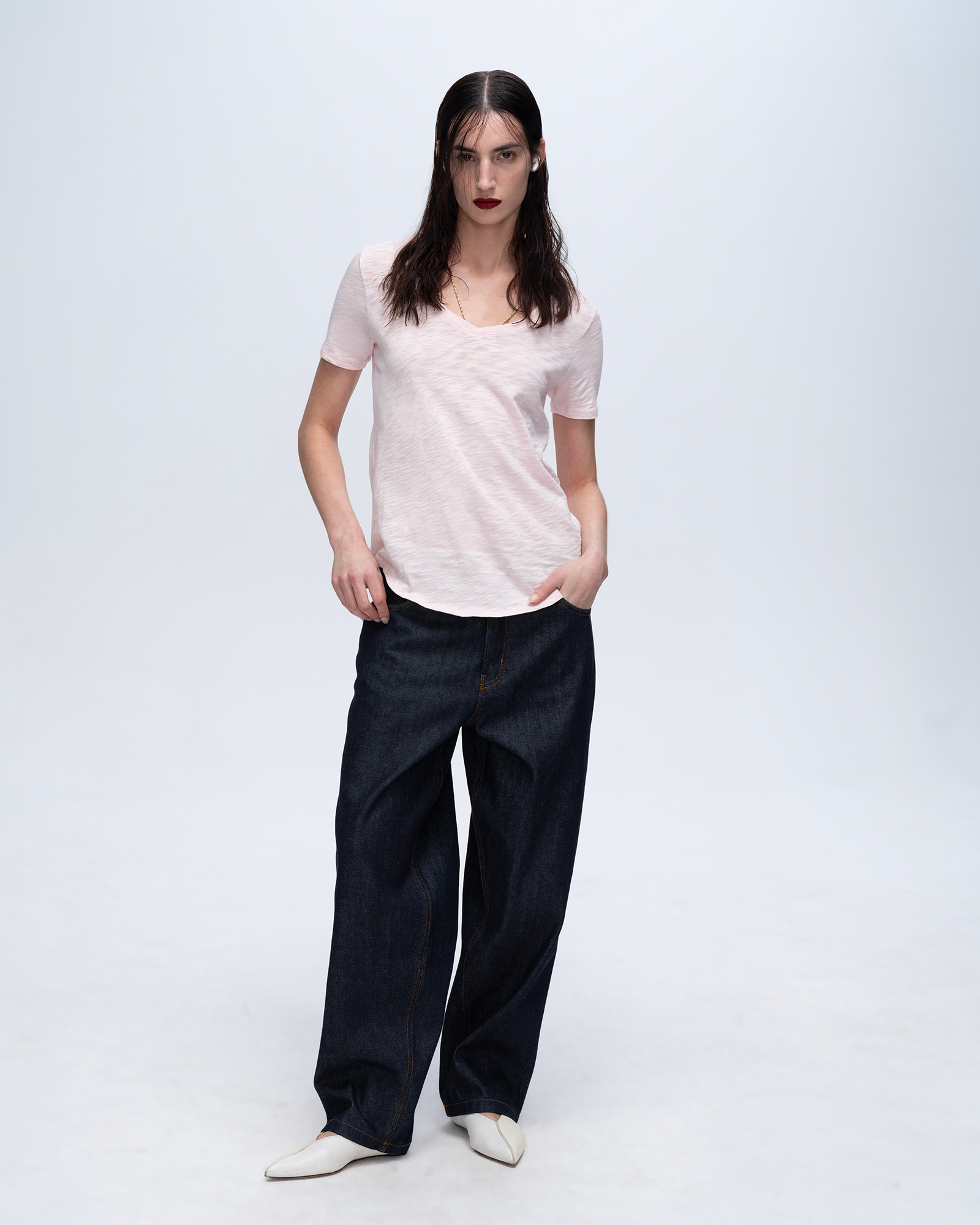 Slub Jersey Classic Short Sleeve V-Neck T-Shirt - Pink Camellia | Soft & Comfortable Women's Tee for Casual Wear & Summer Outfits