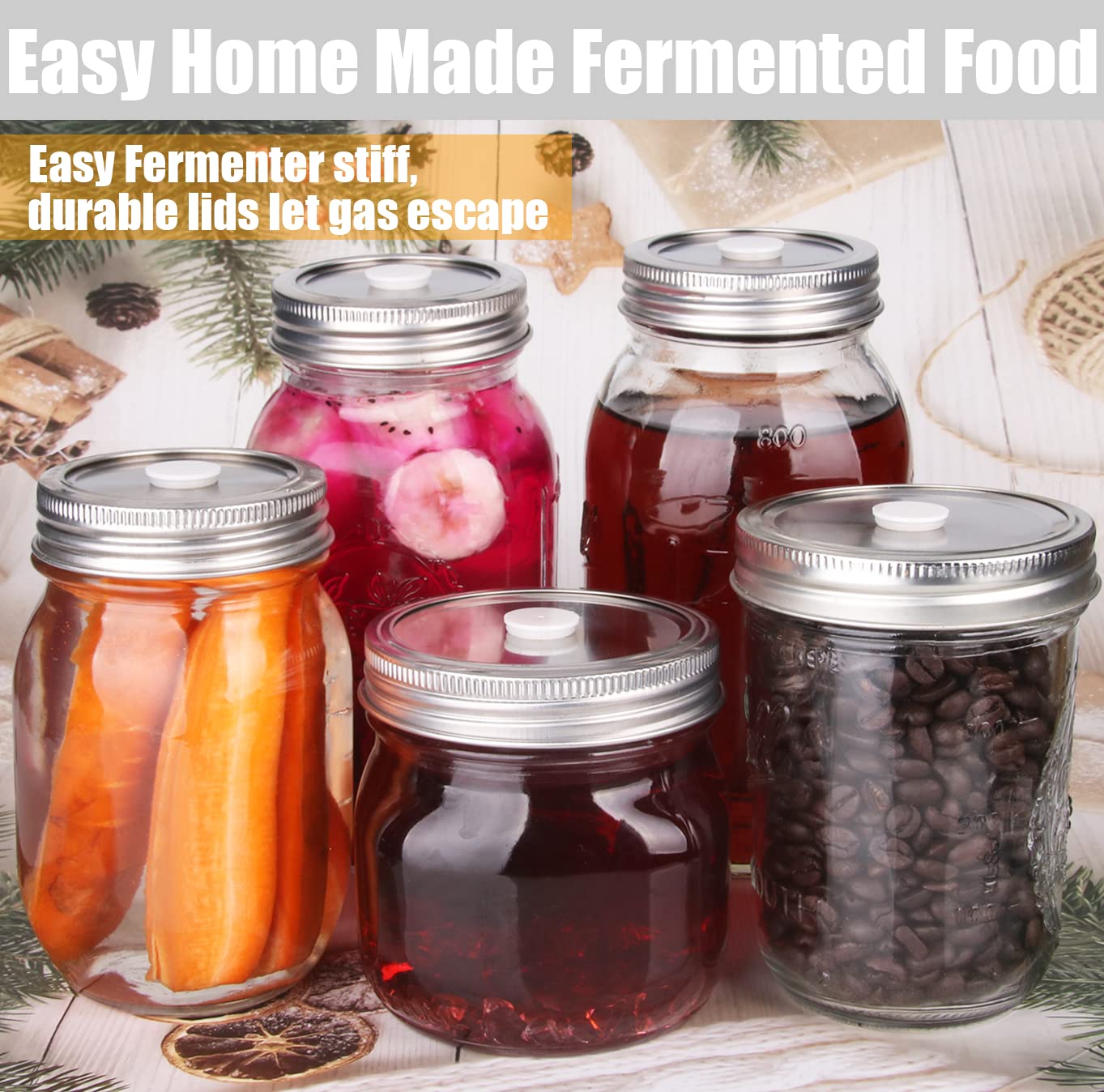 Stainless Steel Fermenting Lids 6-Pack with Accessory Hose - 86mm Vacuum Seal Caps Compatible with FoodSaver Vacuum Sealer | Perfect for Mason Jar Food Storage, Fermentation & Freshness Preservation | Ideal for Pickling, Canning & Meal Prep
