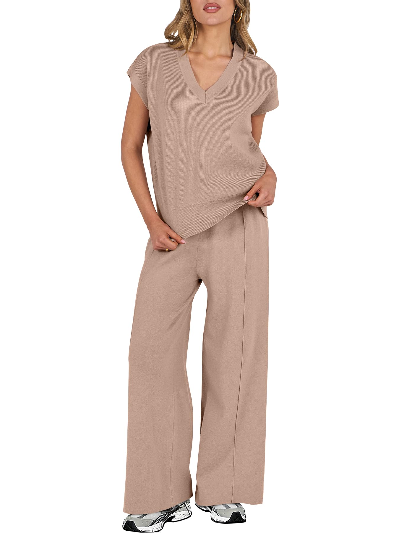 Caracilia Women's Summer 2 Piece Sweater Vest Set - Knit Top & Wide Leg Pants Lounge Matching Outfit for Spring 2025 | Airport Travel, Casual Wear & Relaxation