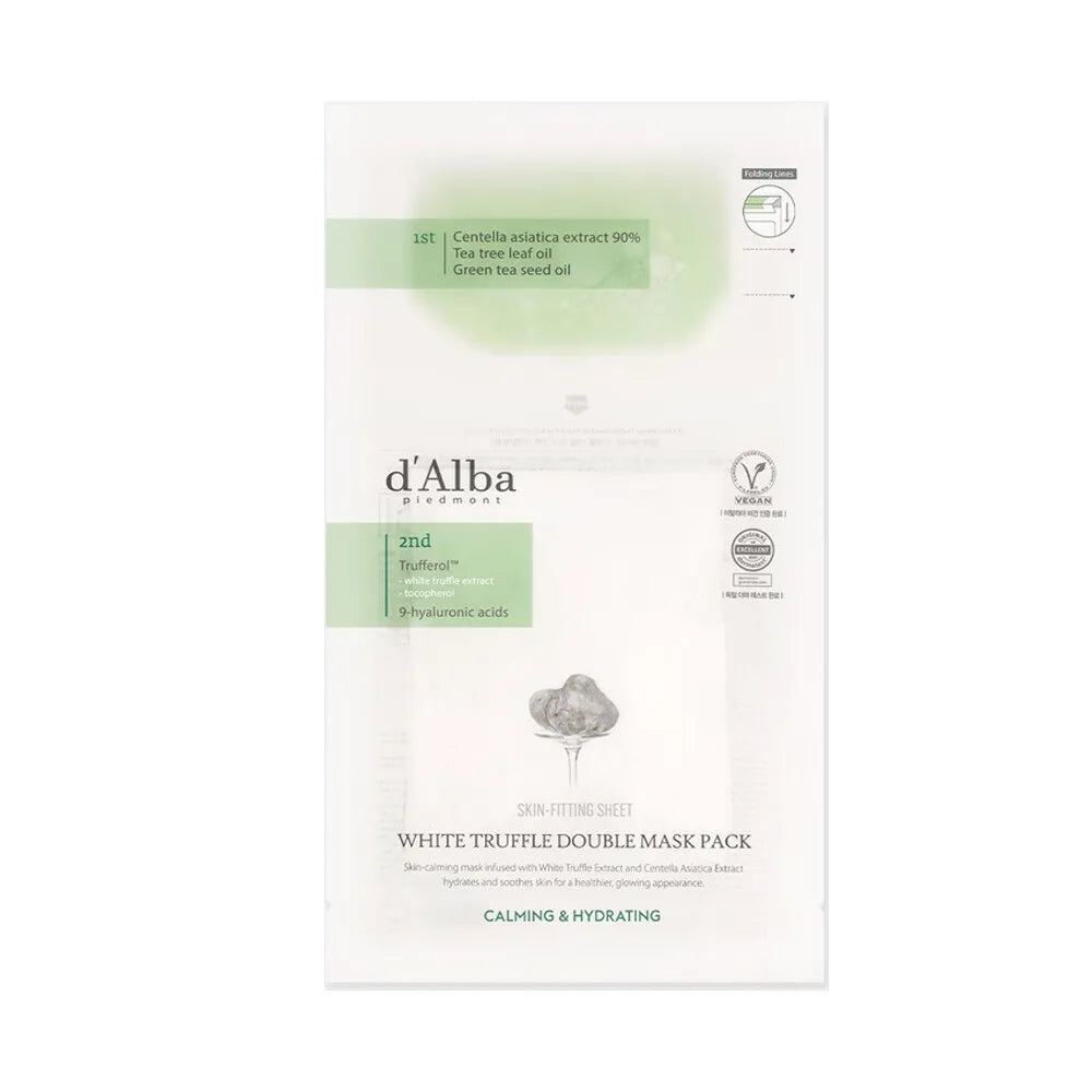 d'Alba White Truffle Double Mask Pack - Soothing & Hydrating Facial Sheet Mask Set (32.5g) for Dry, Sensitive Skin | Korean Skincare Routine, Spa Night, Self-Care Gift