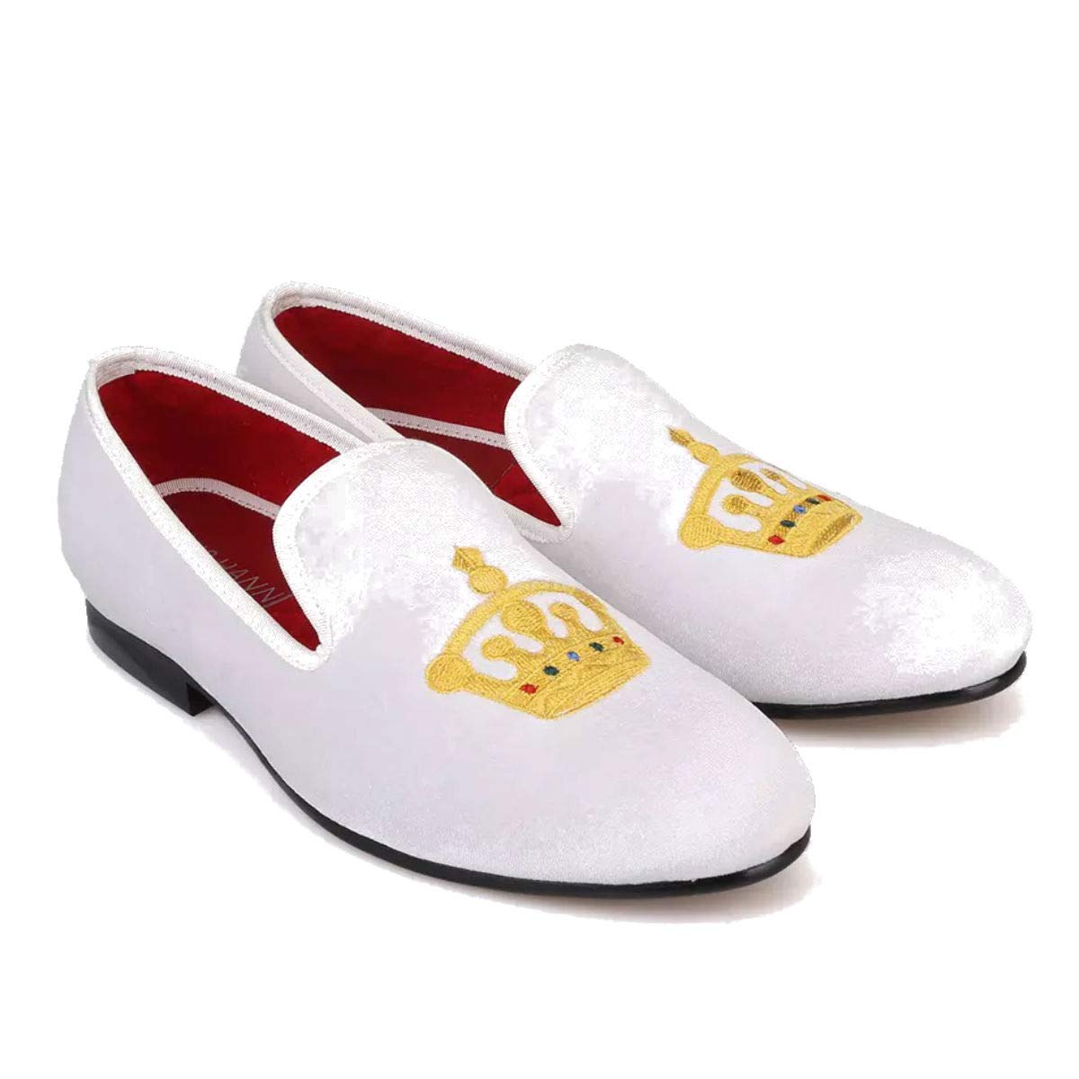 FERUCCI Men's White Velvet Loafers - Custom-Made Luxury Slippers with Gold Crown Emblem | Comfortable House Shoes for Indoor & Lounge Wear