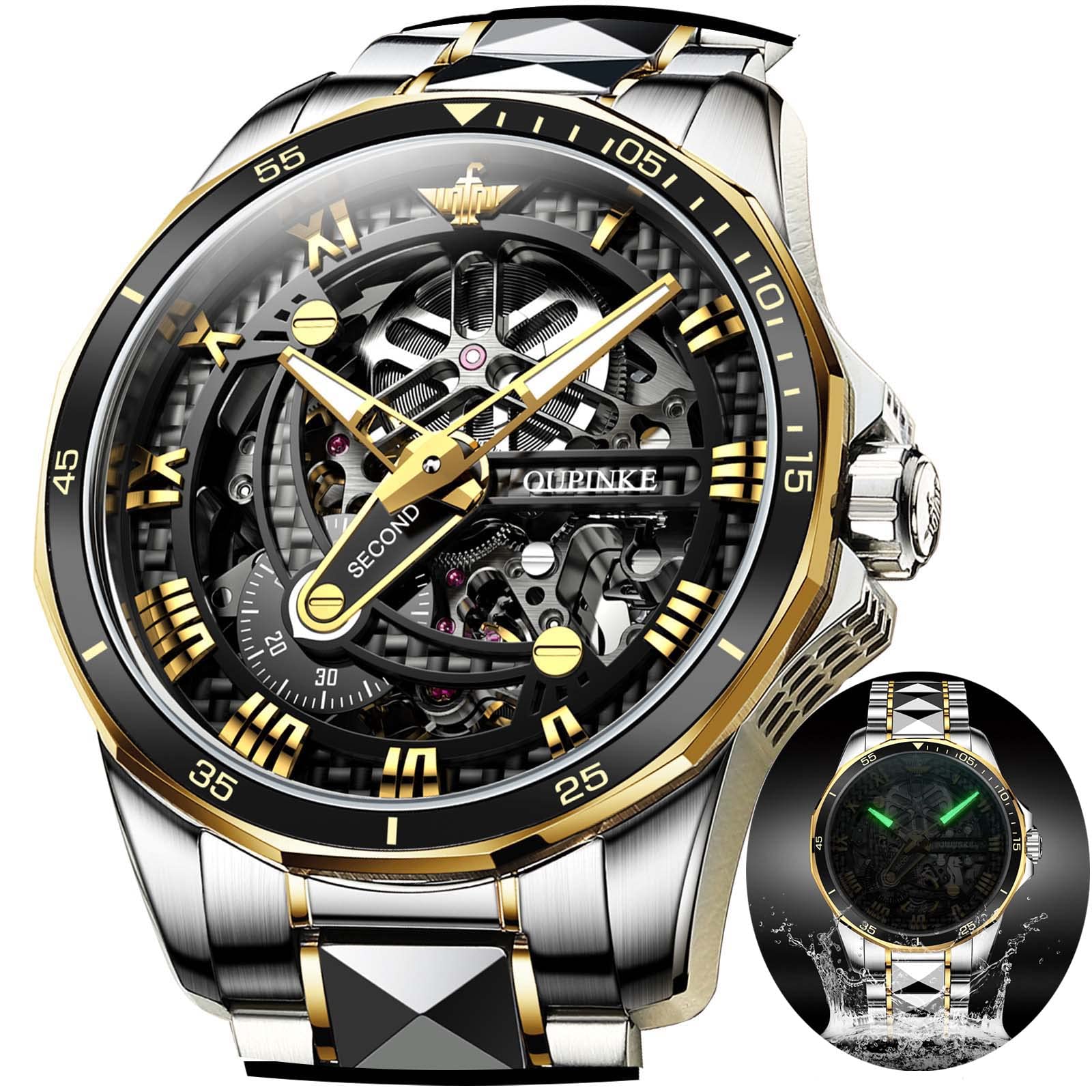 OLEVS Automatic Skeleton Men's Luxury Watch - Mechanical Self-Winding Sapphire Crystal Tungsten Steel Wristwatch - 50M Waterproof & Luminous - No Battery Needed - Perfect for Business, Formal Events & Everyday Wear