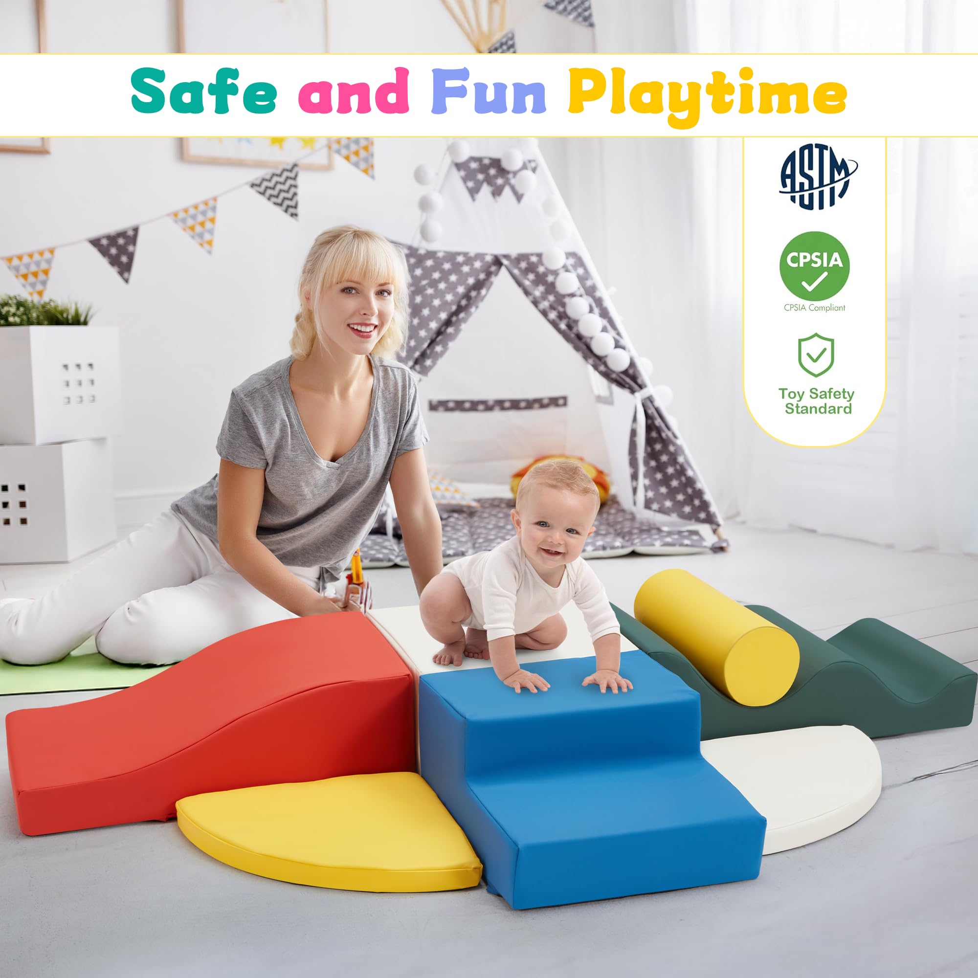 7-Piece Soft Foam Climbing Blocks for Toddlers - Non-Slip PU Leather Baby Play Gym with Velcro | Safe Indoor Activity Toys for Crawling, Climbing & Early Childhood Development | Perfect for Playrooms, Daycares & Home Learning Spaces