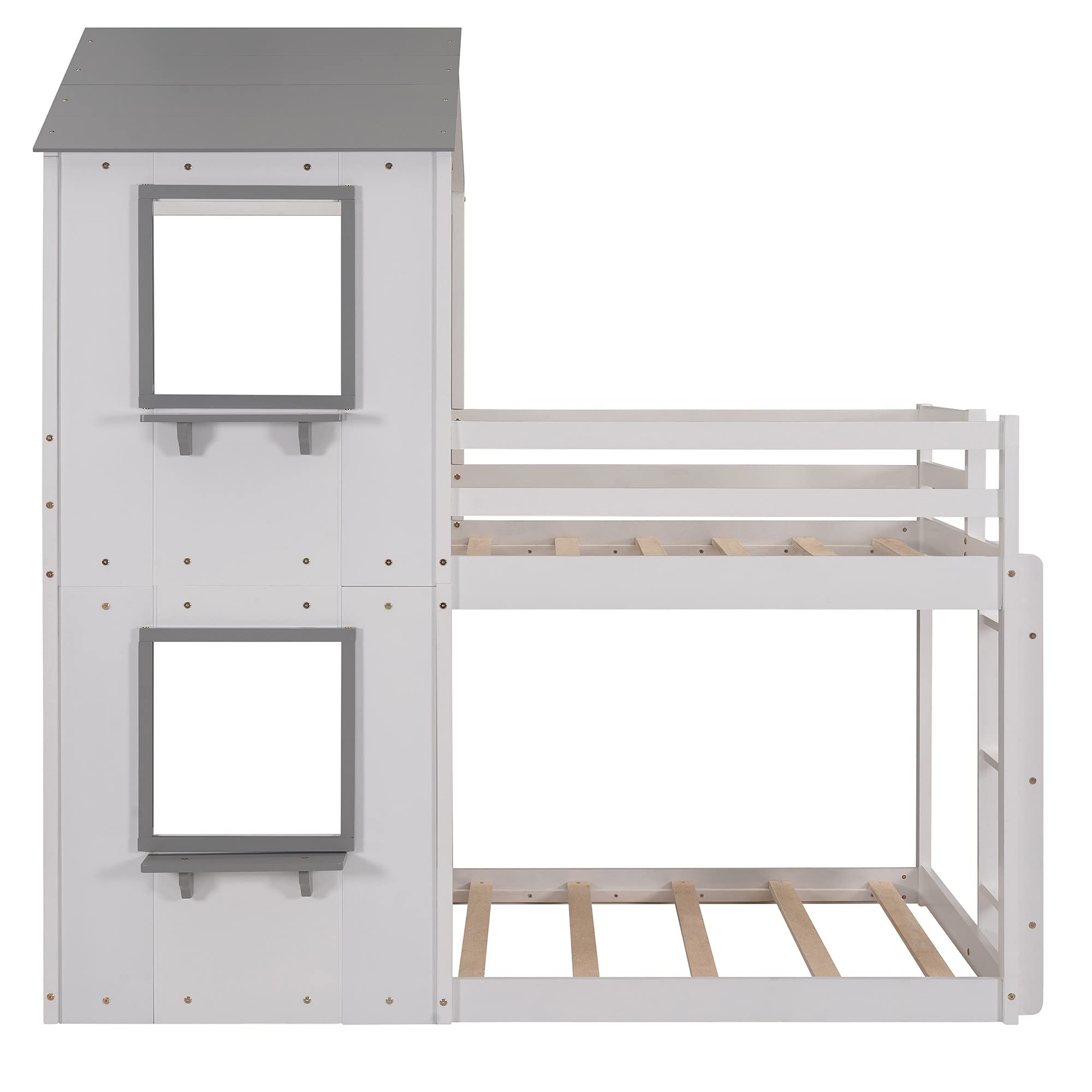 Kids House Shaped Bunk Bed with Roof, Window & Safety Guardrail - Twin Over Twin Loft Bed with Ladder for Boys & Girls - Beautiful White Design - Perfect for Bedrooms, Playrooms & Small Spaces