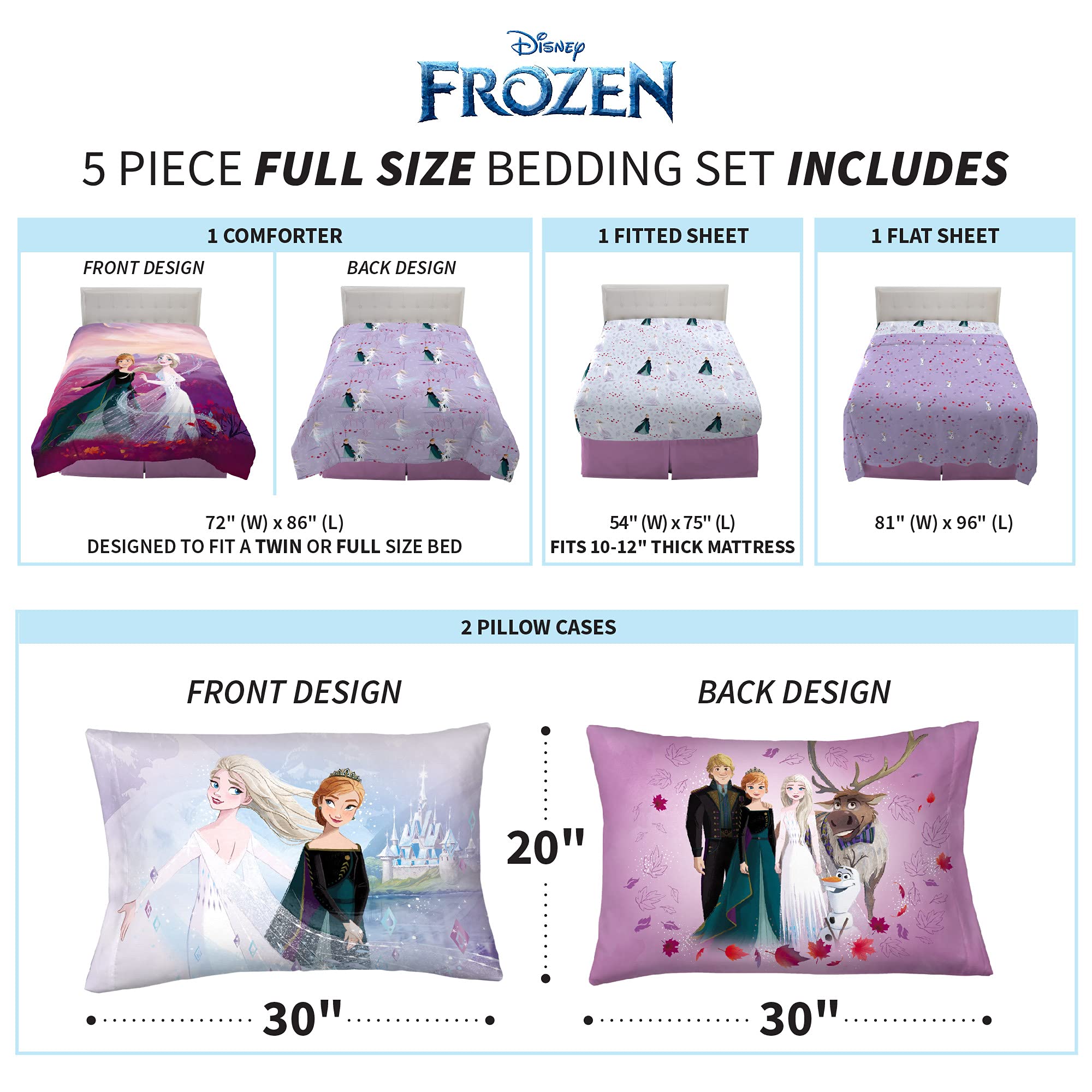 Disney Frozen 2 Kids Bedding Set - 5 Piece Full Size Super Soft Comforter & Sheet Set | Official Disney Licensed Product by Franco | Perfect for Kids' Bedroom, Sleepovers & Themed Rooms