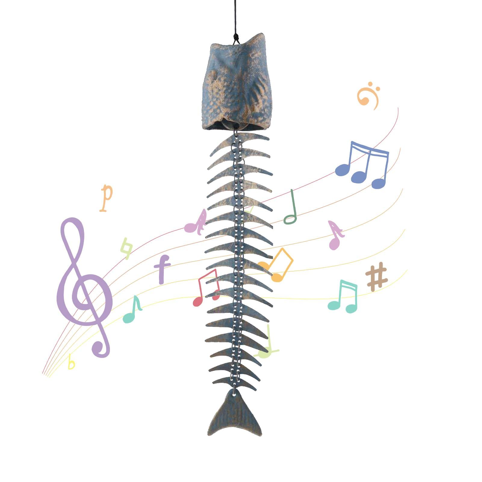 Cast Iron Metal Fish Wind Chime with Bronze Skeleton Bells - Outdoor Garden Decor for Porch, Patio & Courtyard | Relaxing Wind Chimes for Meditation & Stress Relief