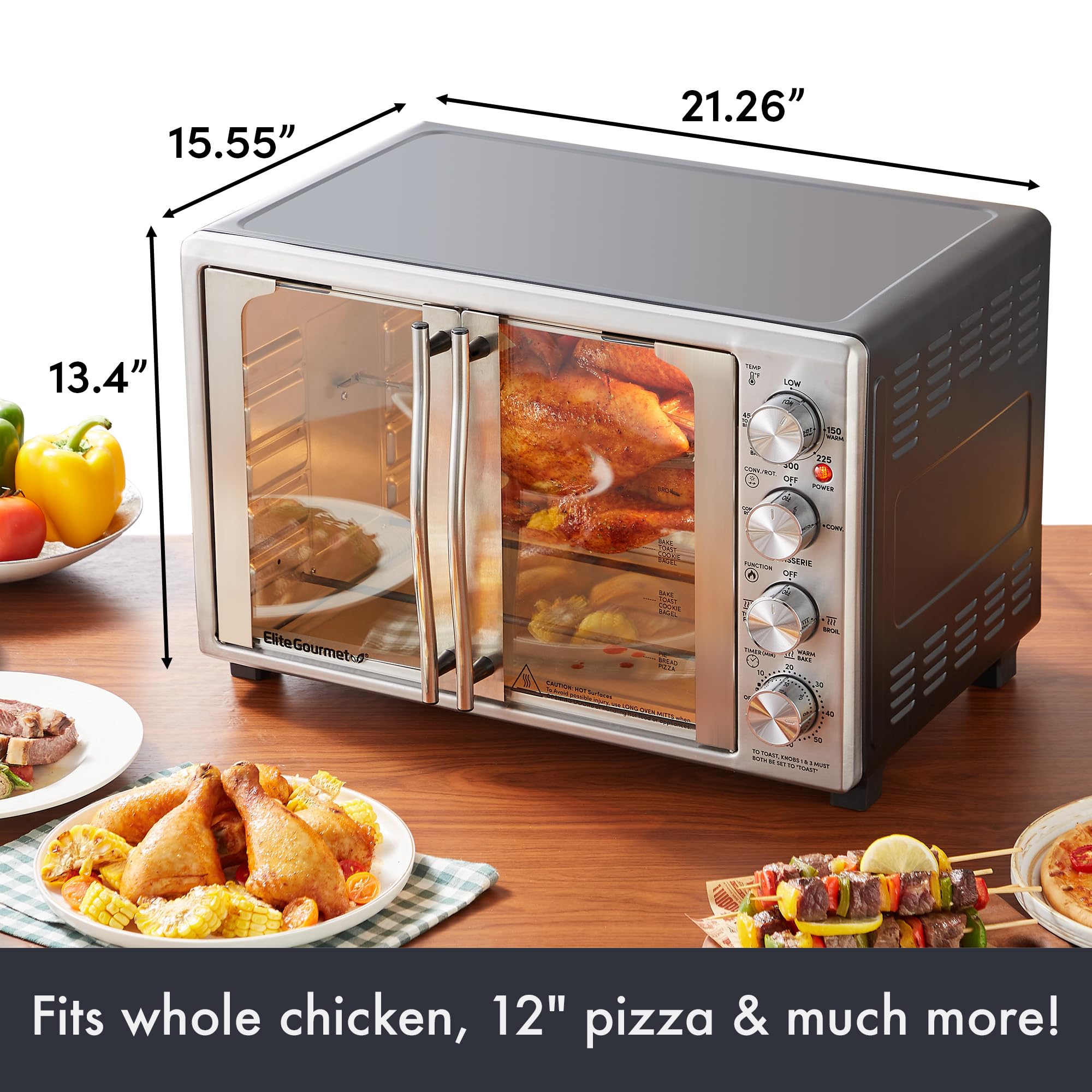 Elite Gourmet ETO4524 45L Countertop Convection Toaster Oven with French Doors - Adjustable Temperature & Timer for Baking, Roasting, Broiling, Toasting - Includes Baking Pan, Rack & Rotisserie - Stainless Steel Design - Perfect for Small Kitchens, Dorms, Apartments & Quick Meal Prep