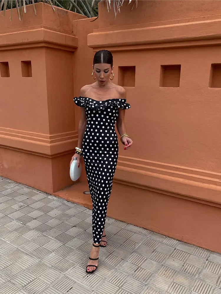 Elegant Polka Dot Print Ruffles Maxi Dress for Women - Strapless Slash Neck Backless Party Dress | Sexy Clubwear & Evening Gown for Night Out, Date Night, Cocktail Party