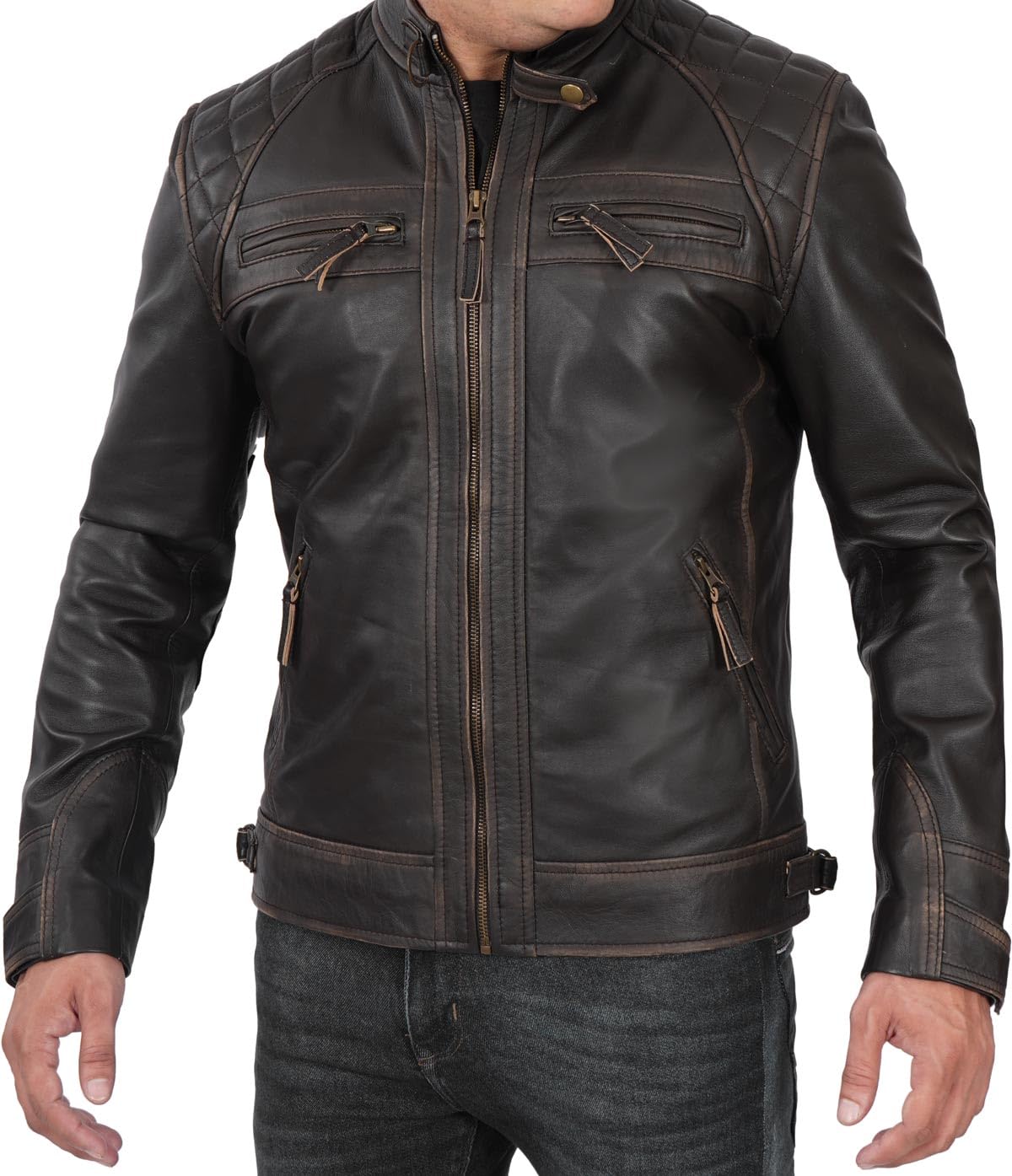 Blingsoul Men's Motorcycle Leather Jacket - Quilted Cafe Racer Biker Jacket for Men | Perfect for Riding, Casual Wear & Outdoor Adventures